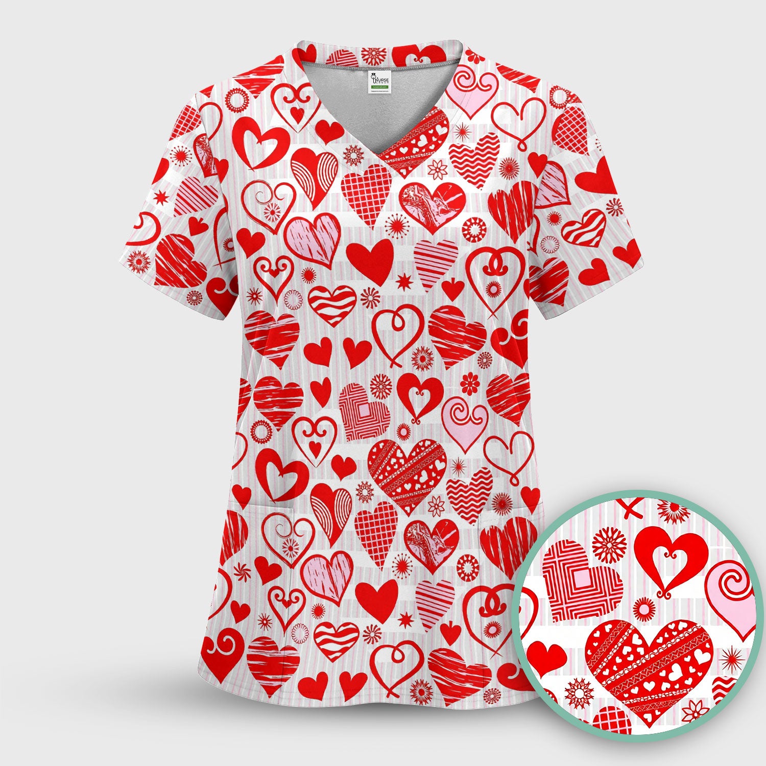 Hearts Scrub Top For Nursing, Valentine Heart Pattern Nurse Shirt, Comfortable Scrubs For Nurses