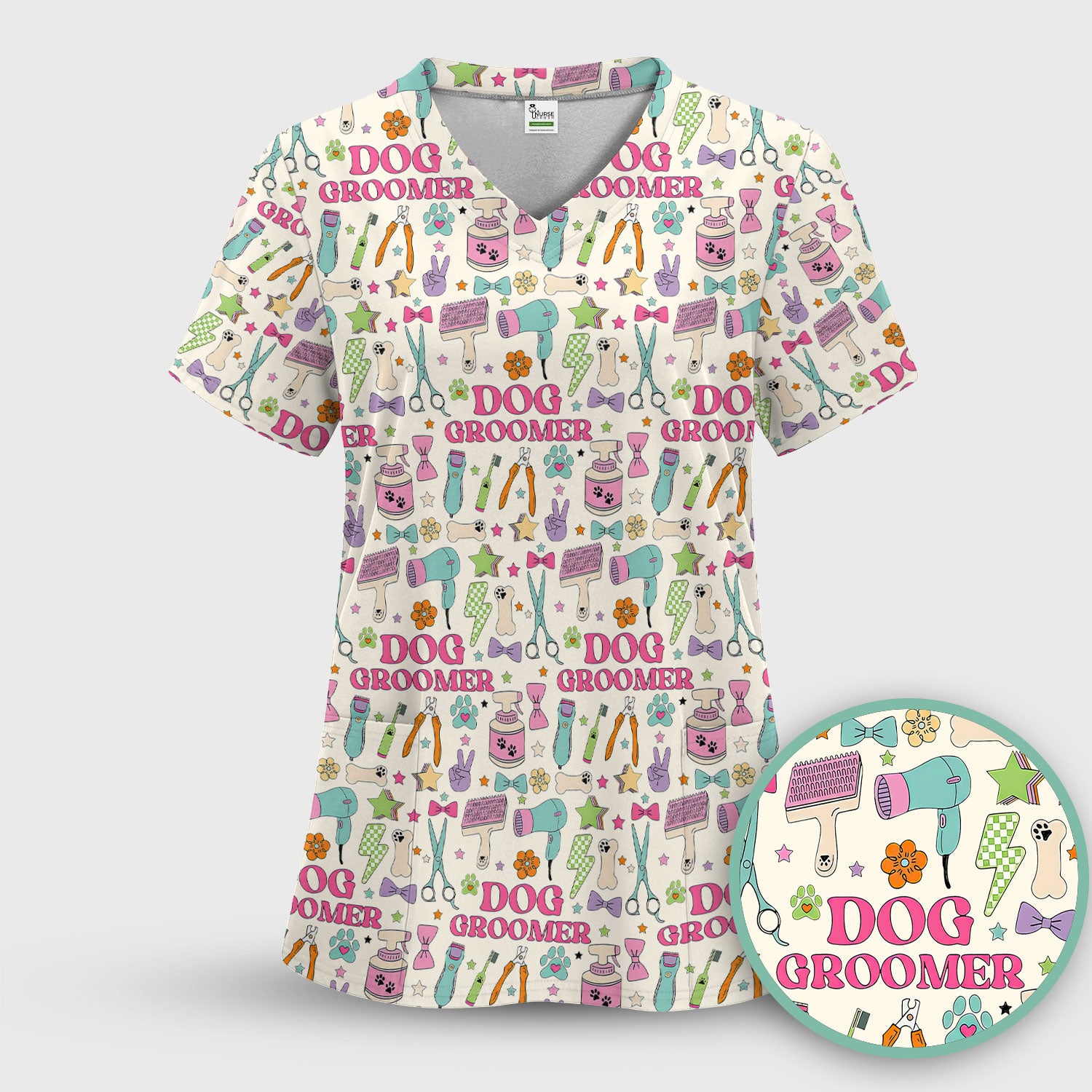Dog Groomer Tools Pattern Nursing Scrub Top, Comfortable Scrubs for Nurses