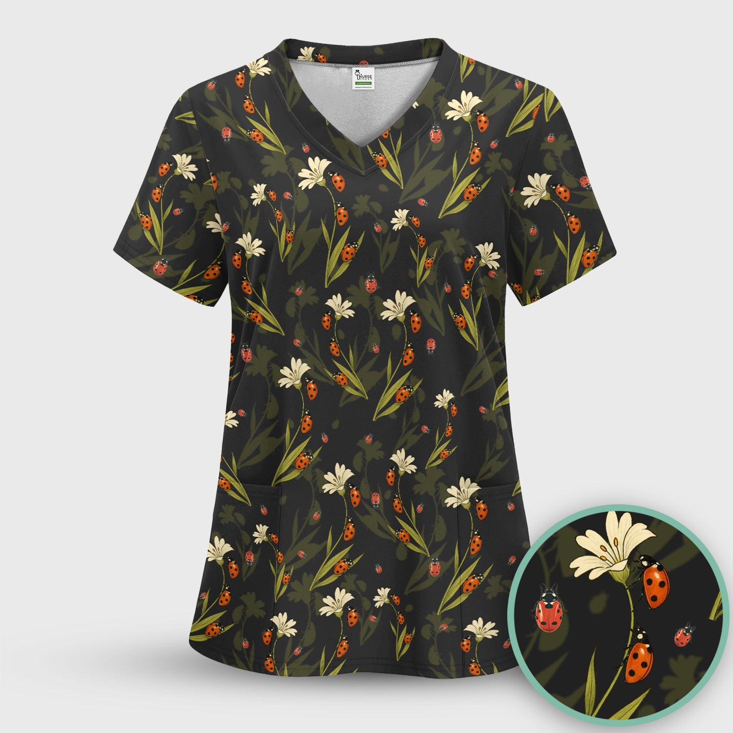 Fresh Daisy Ladybug Garden Pattern Scrub Top, Comfortable Scrubs For Nurses