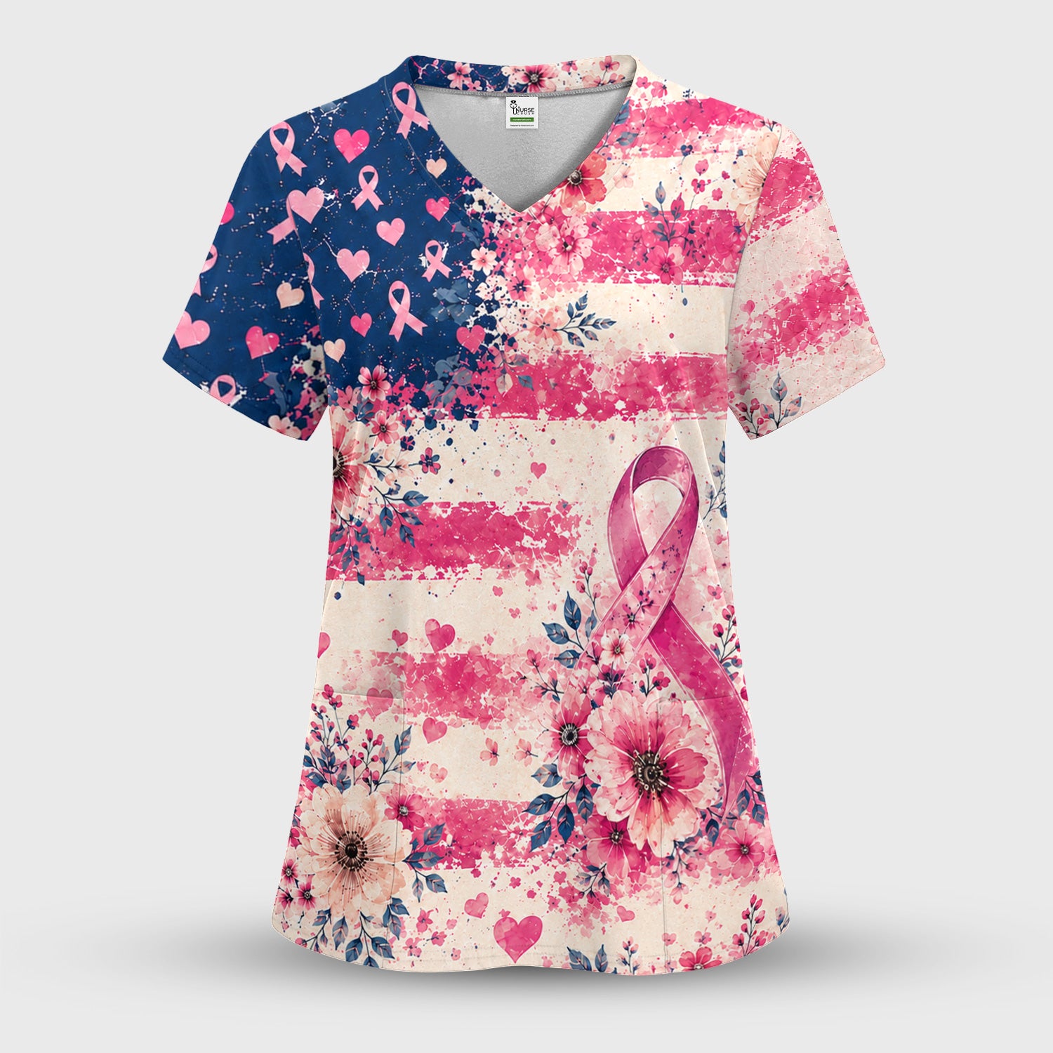 Breast Cancer Floral Flag Scrub Set, Scrub Pants and V Neck Top