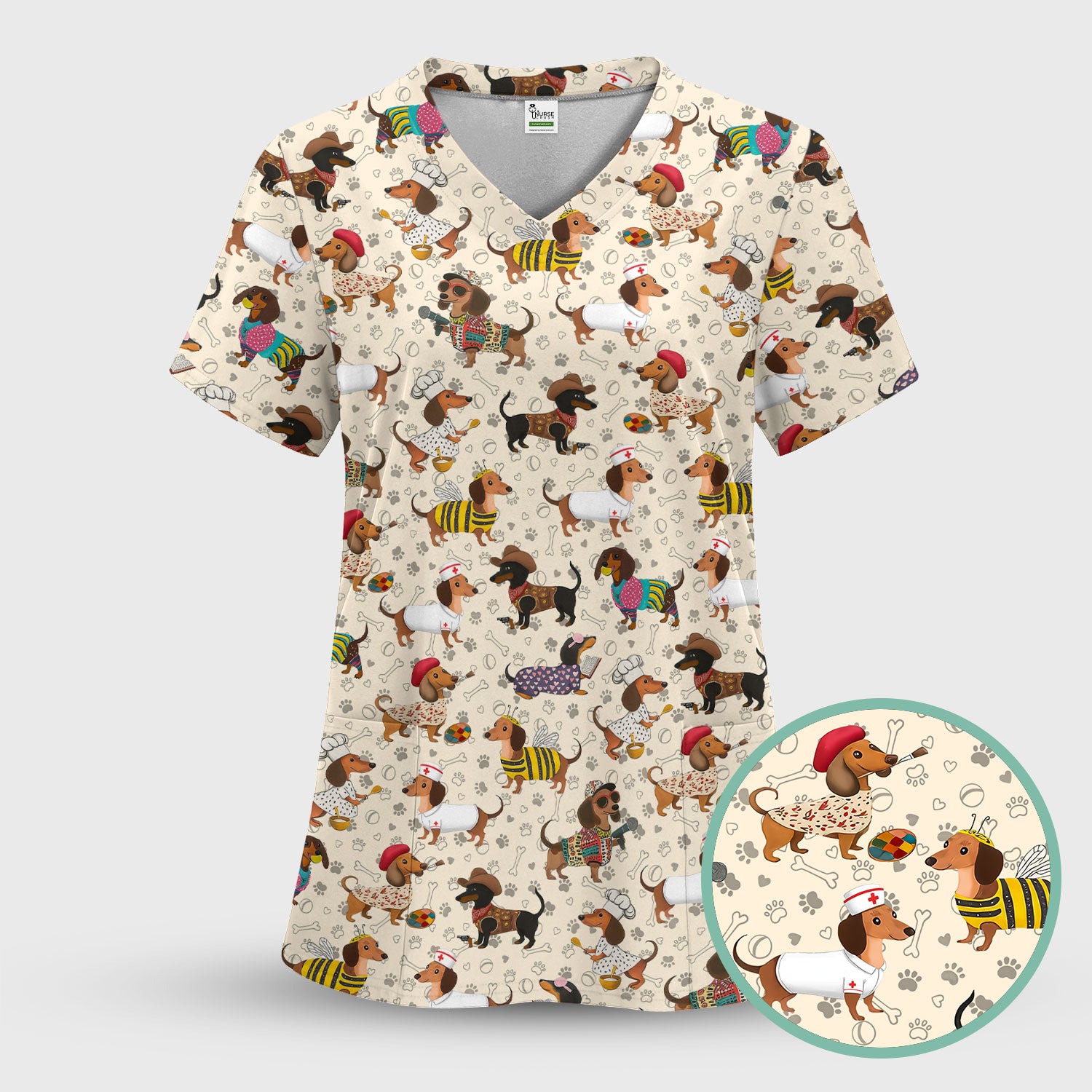 Funny Dachshund Scrub Top for Nurses - Wiener Dog in Bee, Chef, Nurse Costumes - Cute Sausage Dog Medical Shirt RN CNA LPN