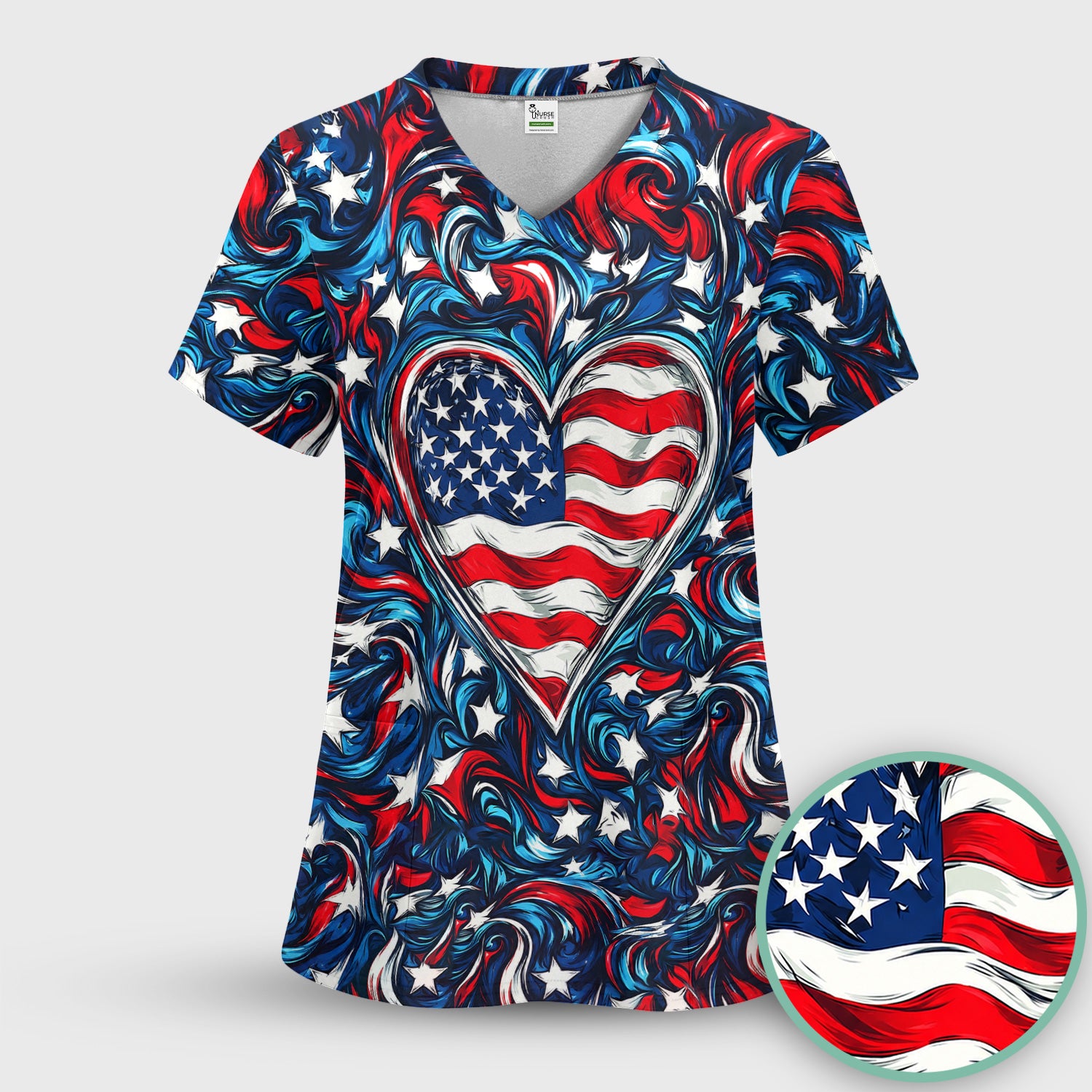 American Flag Heart Pattern Scrub Top, Comfortable Scrubs for Nurses