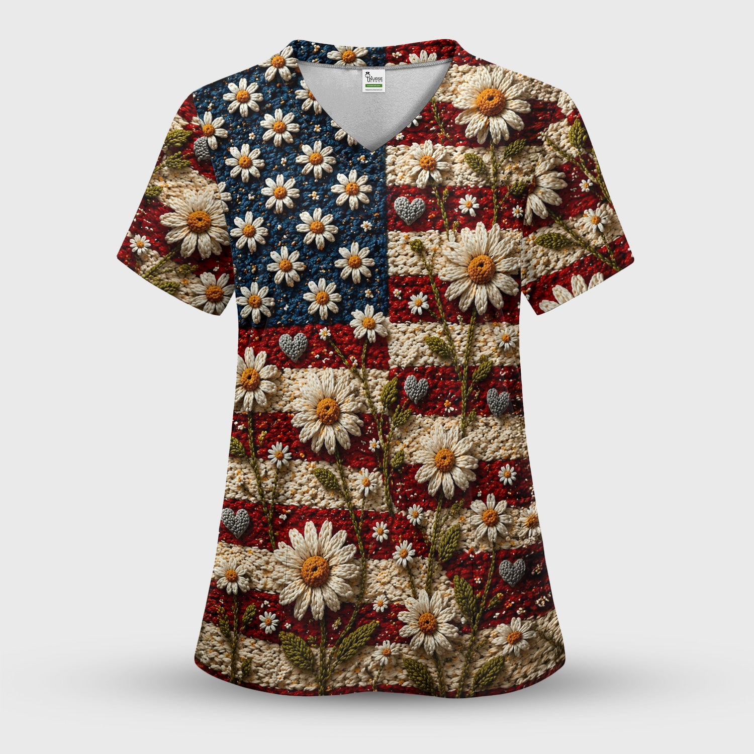 American Flag Daisy Floral Knit Texture Pattern Scrub Top, Breathable Fabrics Nursing Uniform