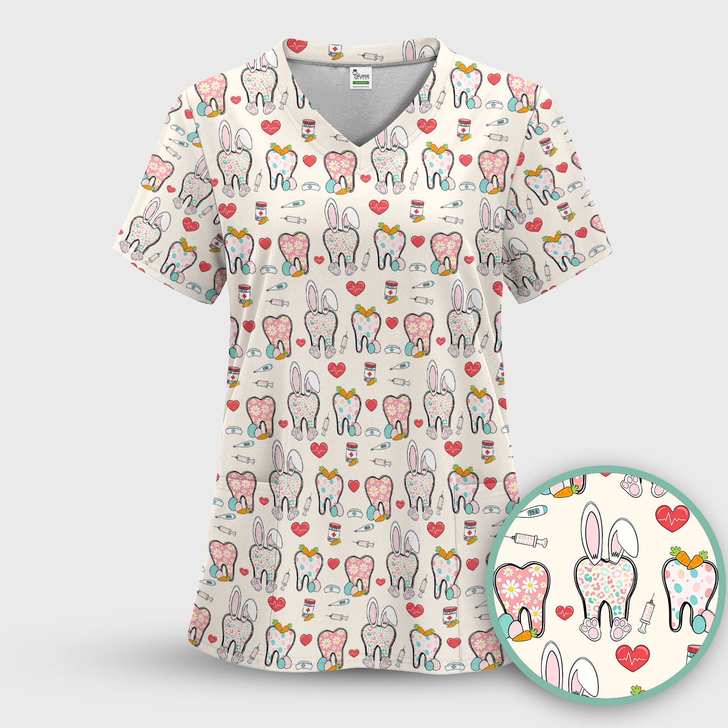 Playful Bunny Dentist Illustration Medical Scrub Top, Comfortable Scrubs for Nurses, Easter