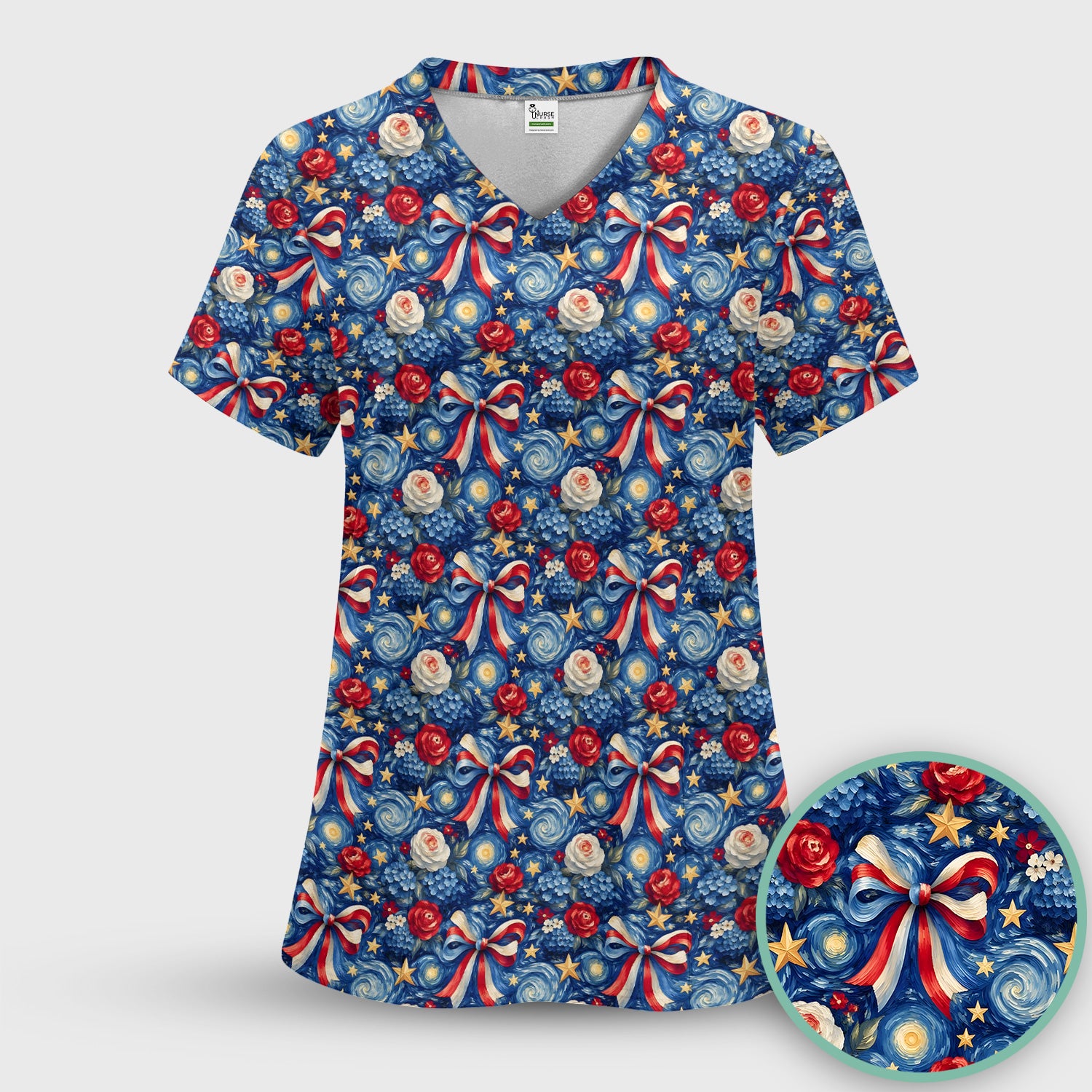 Patriotic Starry Bow Nurse for RN, CNA, Healthcare Workers Scrub Set, Scrub Pants and V Neck Top