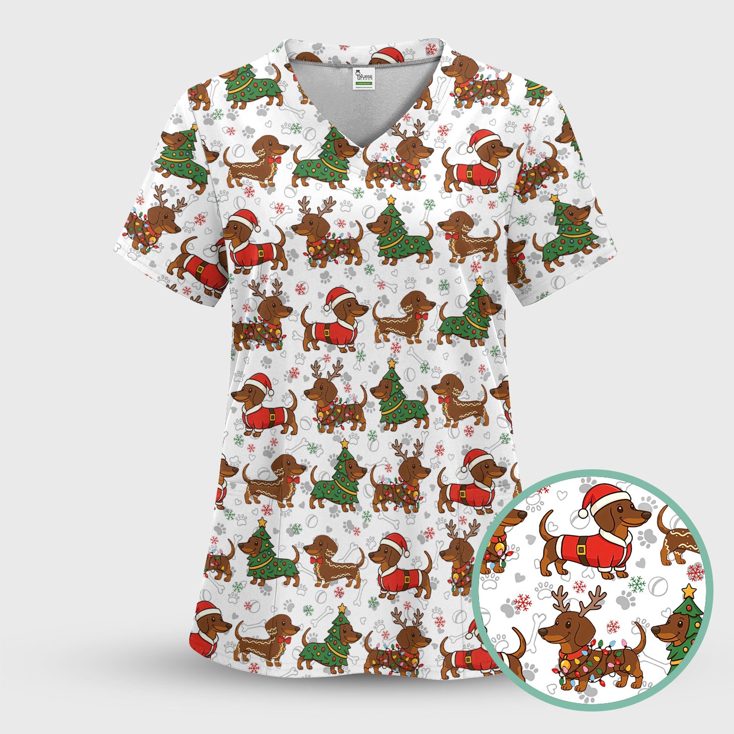 Holiday Dachshund Christmas Scrub Top - Funny Wiener Sausage Dog Nurse Shirt - Adorable Dog Lover Gift for RN CNA LPN