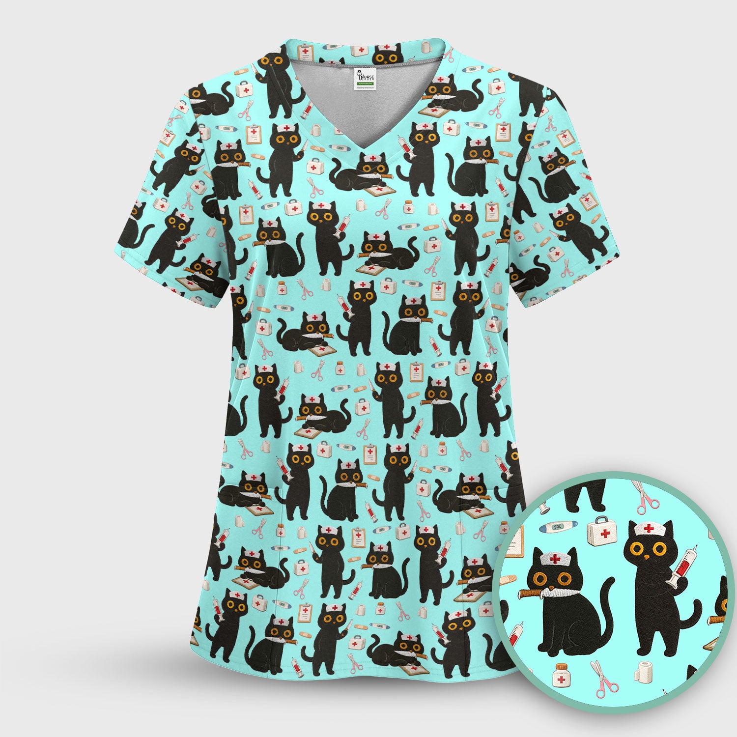 Cute Black Cat Nurse Pattern Women's Scrub Set, Breathable Med Uniform