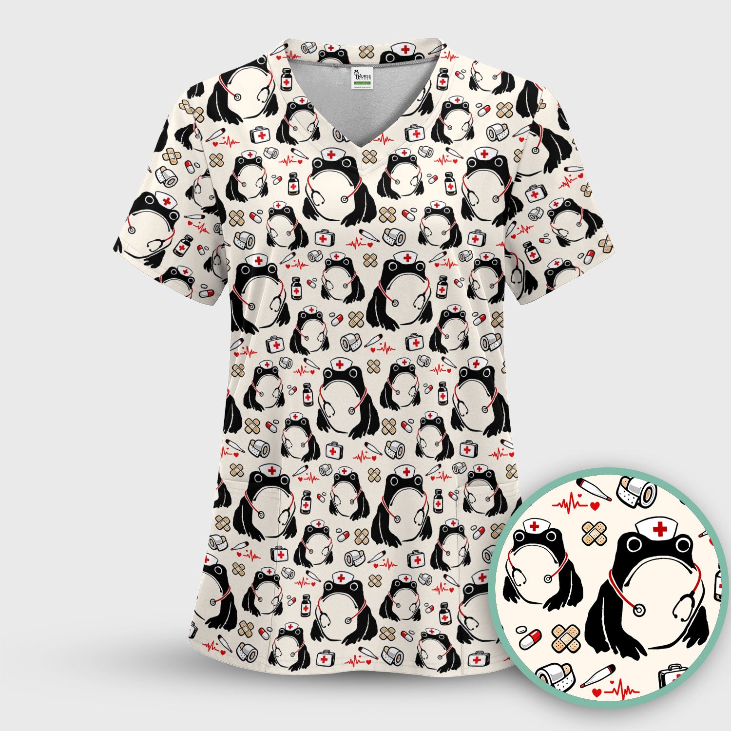 Cute Frog Nurse Medical Print Scrub Top, Comfortable Scrubs for Nurses