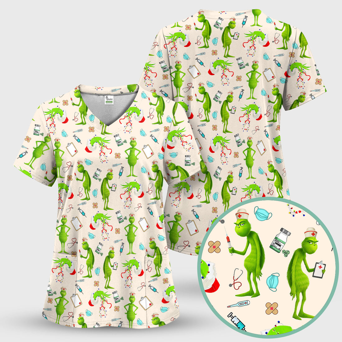 Funny Grinch Nurse Scrub Top Multi Color - Christmas Scrub Shirt for Women - Cute Holiday Nursing Work Shirt with Pockets