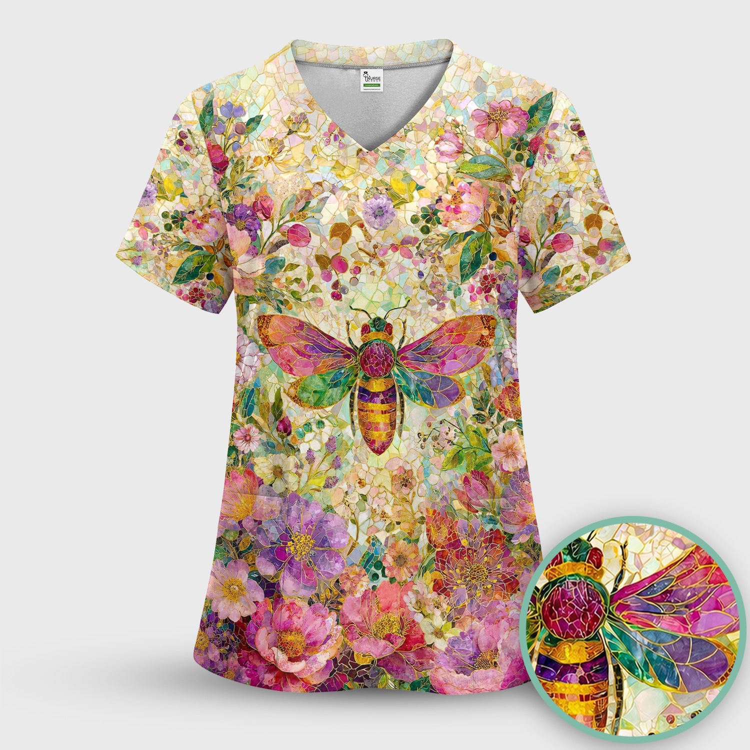 Vibrant Mosaic Bee Nurse for RN, CNA, Floral Garden Medical Scrub Top, Comfortable Scrubs for Nurses