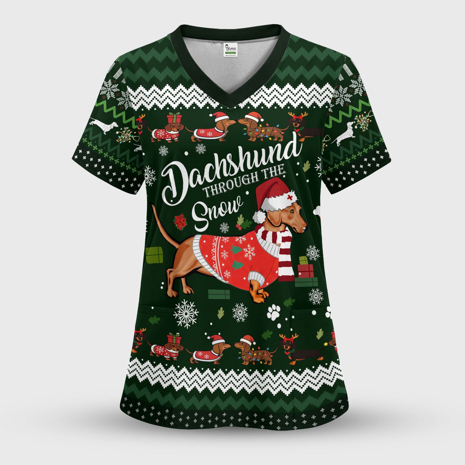 Dachshund Through the Snow - Funny Christmas Scrub Top - Wiener Dog Lover Gift - Holiday Medical Uniform