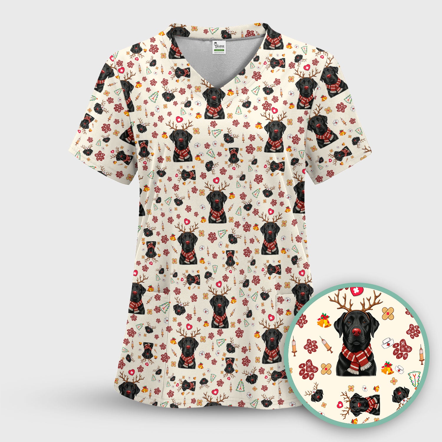 Black Lab Christmas Scrub Top - Funny Labrador Nurse Shirt - Cute Holiday Medical Uniform for Women RN LPN CNA Gift