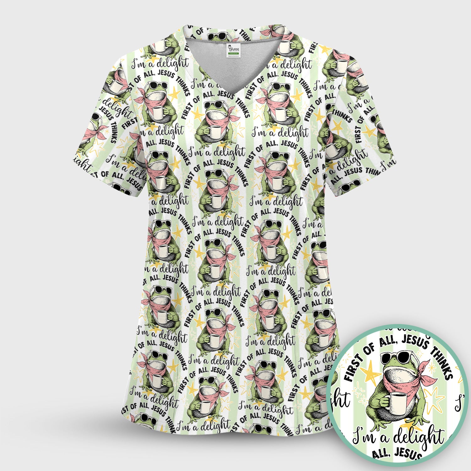 Funny Frog Coffee Quote Pattern Scrub Set, Scrub Pants and V Neck Top