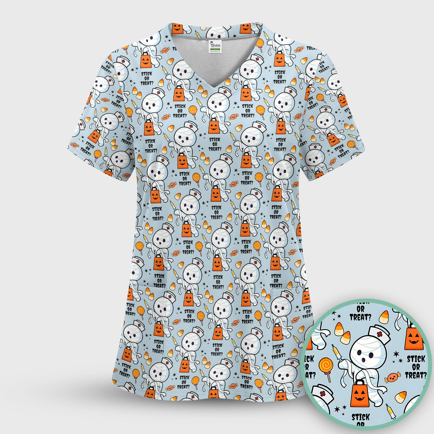 Funny Halloween Stick Or Treat Mummy Nurse Scrub Top, Comfortable Scrubs for Nurses