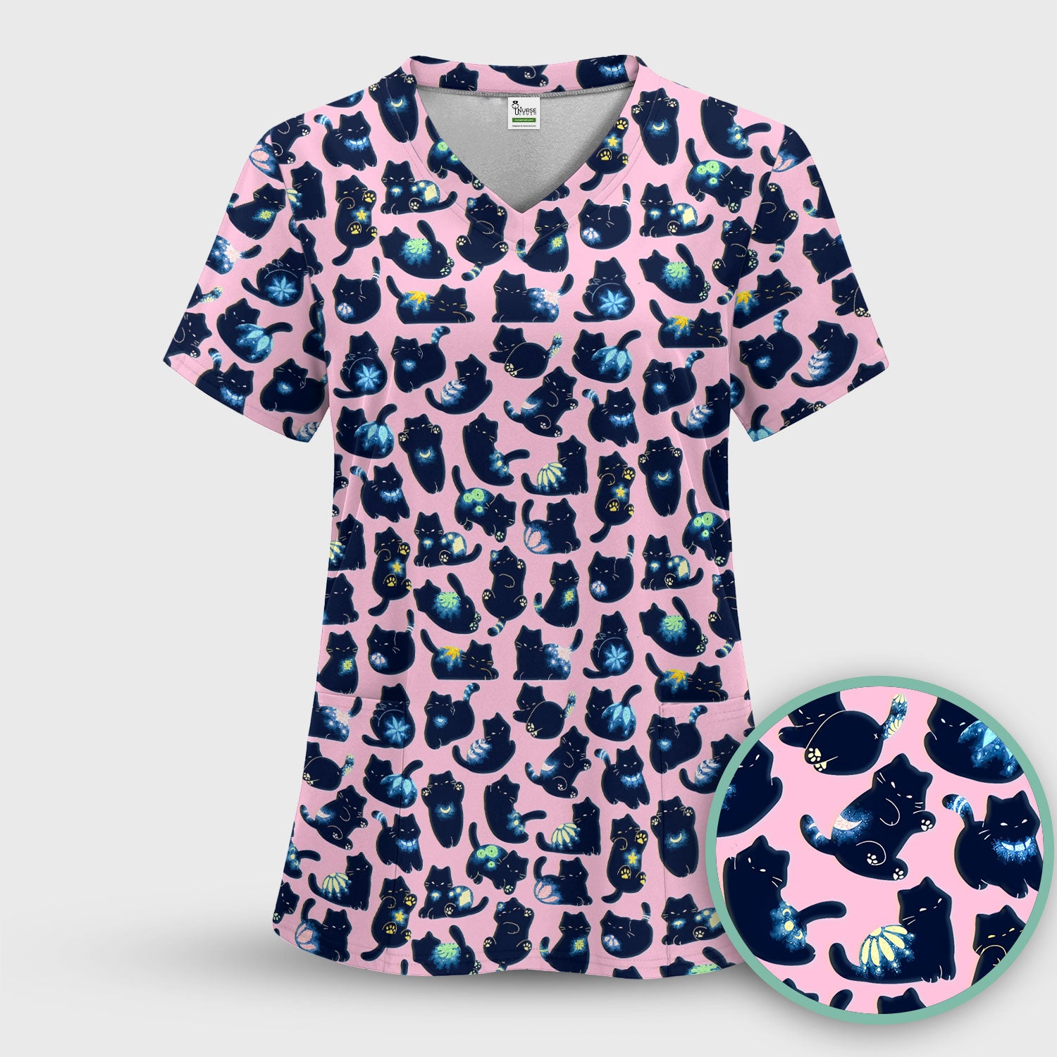Midnight Cat Scrub Top, Black Cat Pattern Nurse Shirt, Breathable Fabrics Nursing Uniform