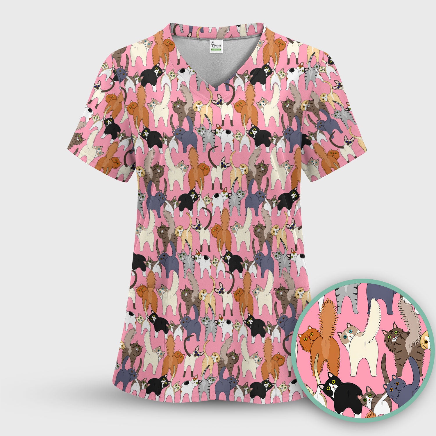 Whimsical Multicolor Cat Cartoon Pattern Scrub Top, Comfortable Scrubs for Nurses