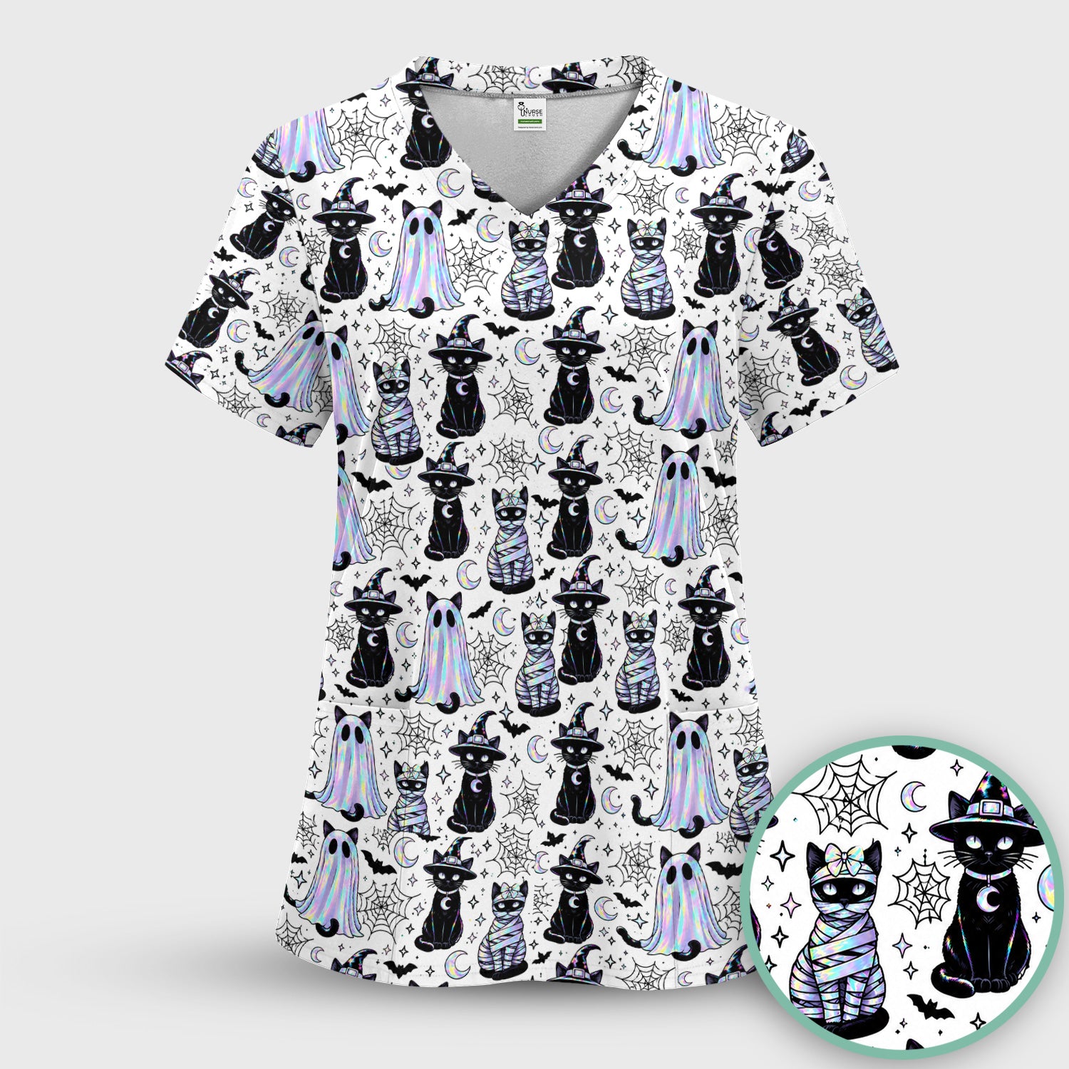 Ghost Witch Cat Pattern Scrub Top, Comfortable Scrubs for Nurses