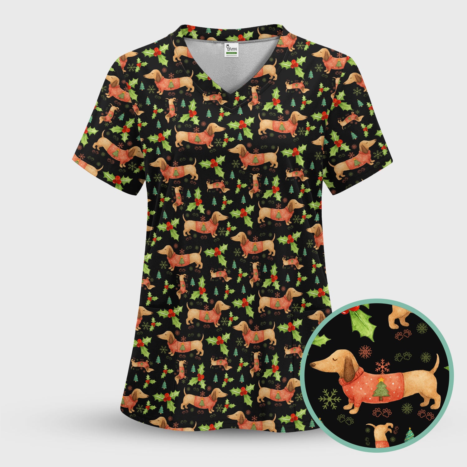 Festive Holiday Dachshund Scrub Top - Funny Sausage Dog Christmas Shirt - Wiener Puppy Lover Gift for RN CNA LPN