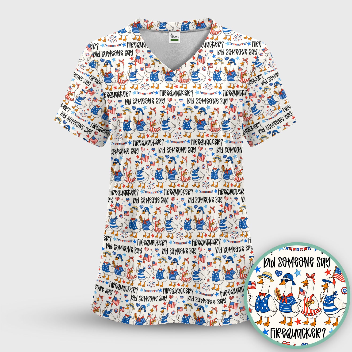 Funny Patriotic Goose Pattern Scrub Set, Scrub Pants and V Neck Top
