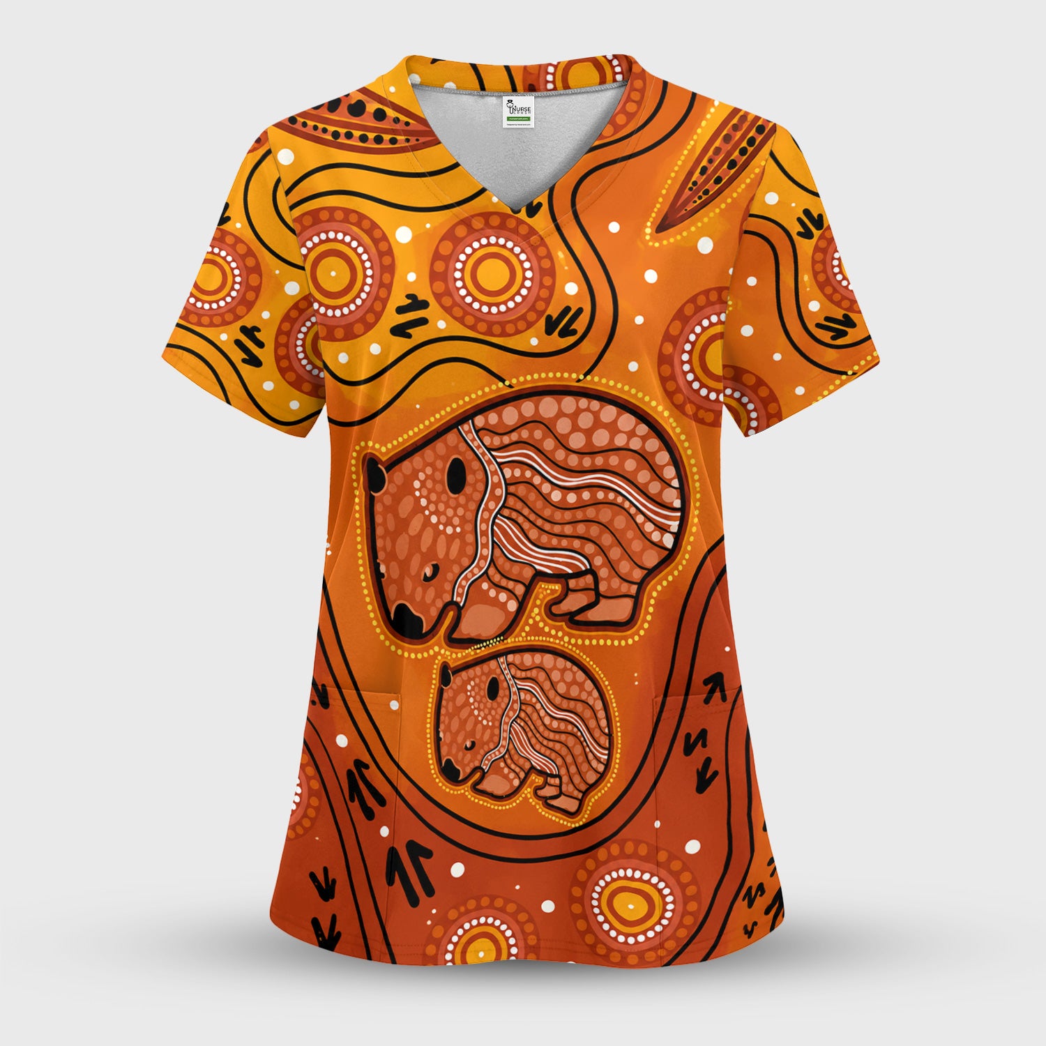 Australian Aboriginal Wombat Family Art Pattern Scrub Top, Comfortable Scrubs for Nurses