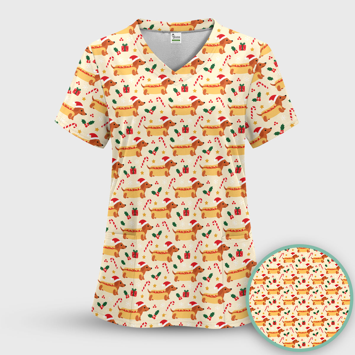 Funny Christmas Dachshund Hot Dog Scrub Top, Comfortable Scrubs for Nurses