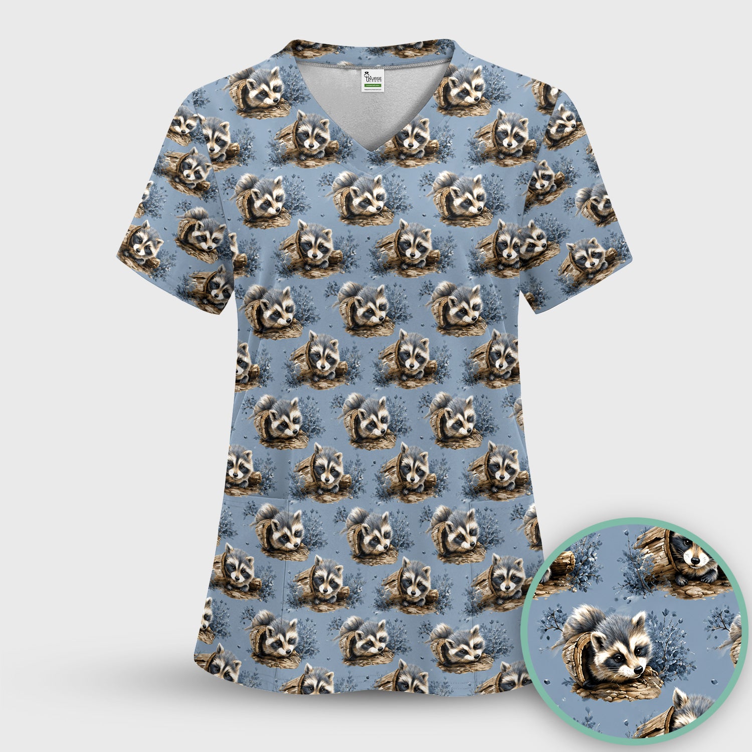 Cute Raccoon In Log Pattern Scrub Top, Comfortable Scrubs for Nurses