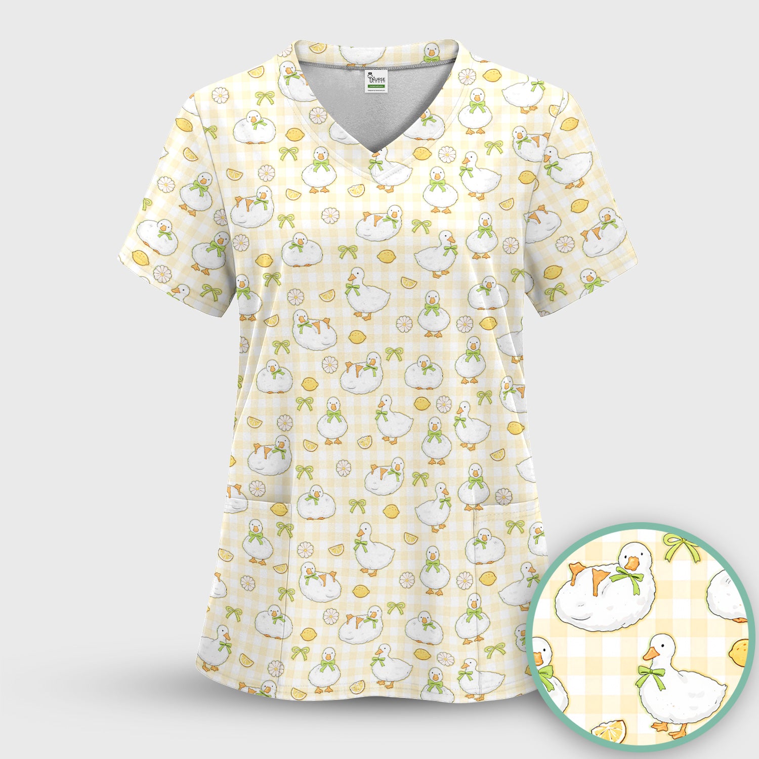 Adorable Ducks Lemon Daisy Pattern Scrubs Top, Comfortable Scrubs for Nurses
