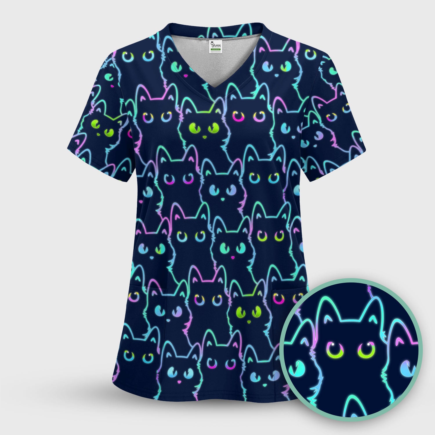 Neon Cat Pattern Scrub Top, Black Cat Scrub Shirt, Breathable Fabrics Nursing Uniform