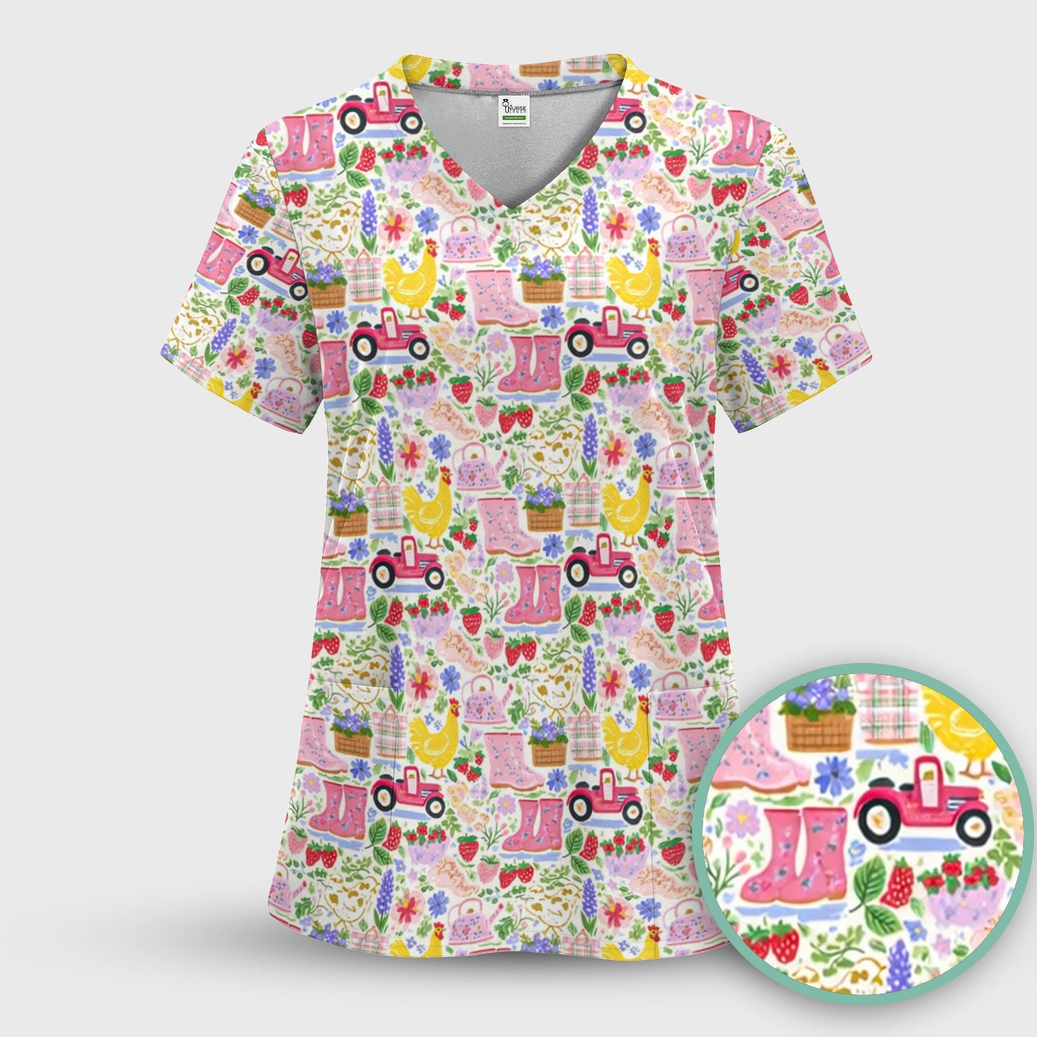 Floral Farm Boots And Chicken Pattern Scrub Top, Comfortable Scrubs for Nurses