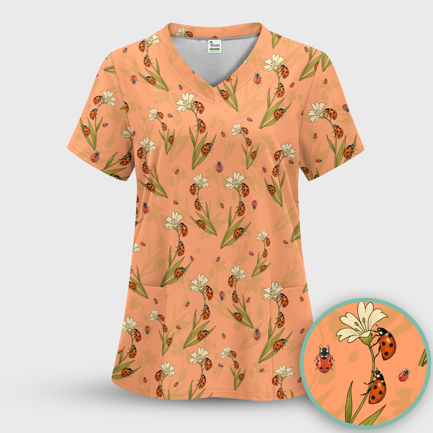 Fresh Daisy Ladybug Garden Pattern Scrub Top, Comfortable Scrubs For Nurses