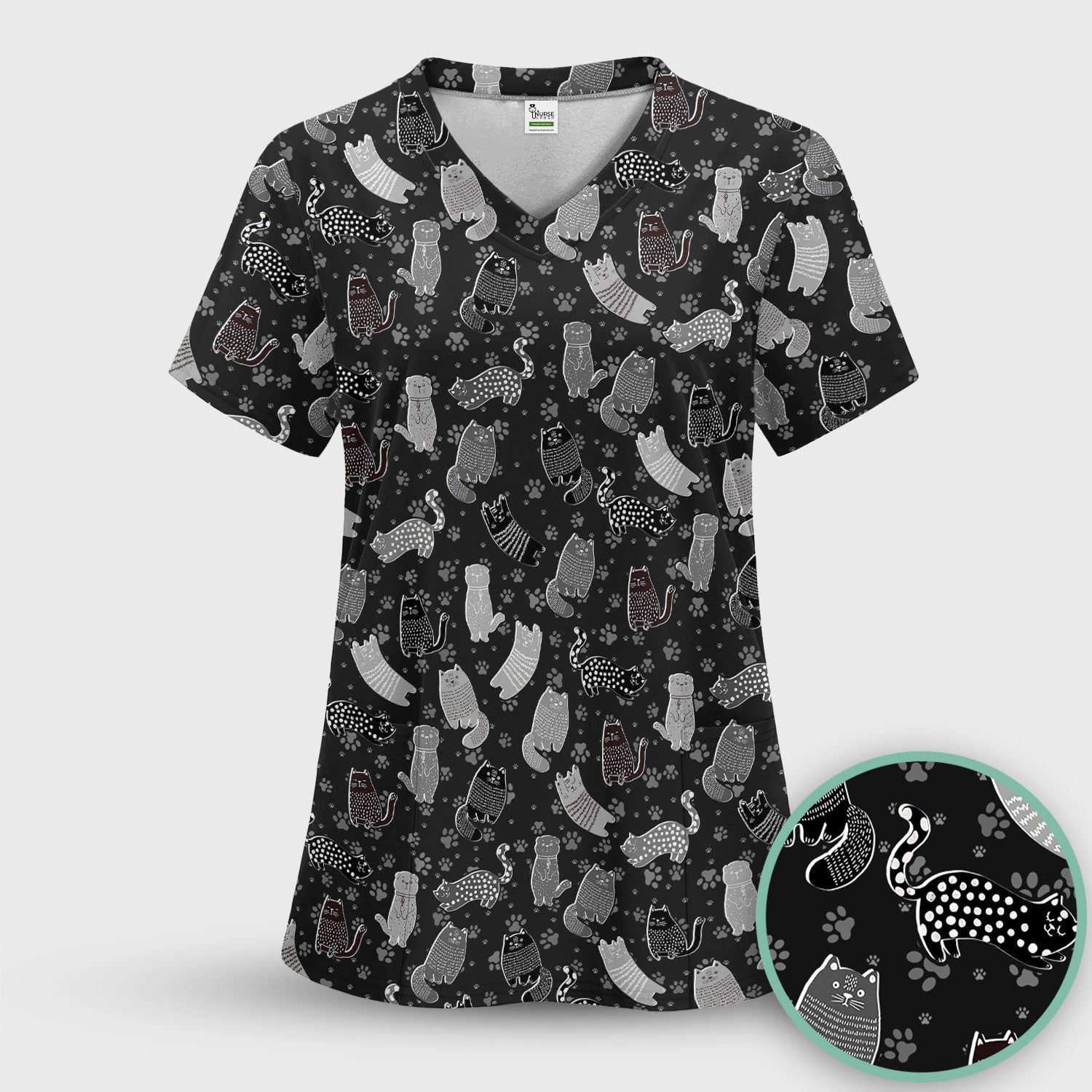 Cute Cat and Paw Print Pattern Scrub Top, Breathable Fabrics Nursing Uniform