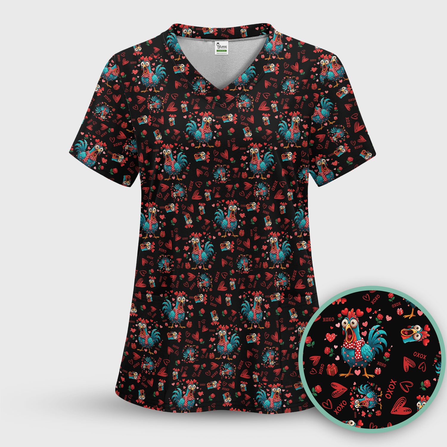 Funny Rooster Valentine Scrub Set, Cute Chicken XOXO Heart Pattern Nurse Shirt, Breathable Fabrics Nursing Uniform