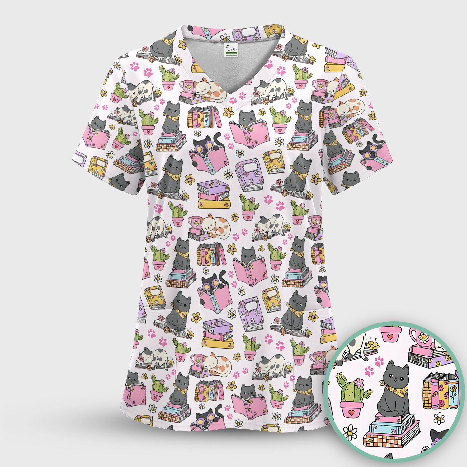 Cute Cat Book Cactus Seamless Pattern Scrub Set, Scrub Pants and V Neck Top