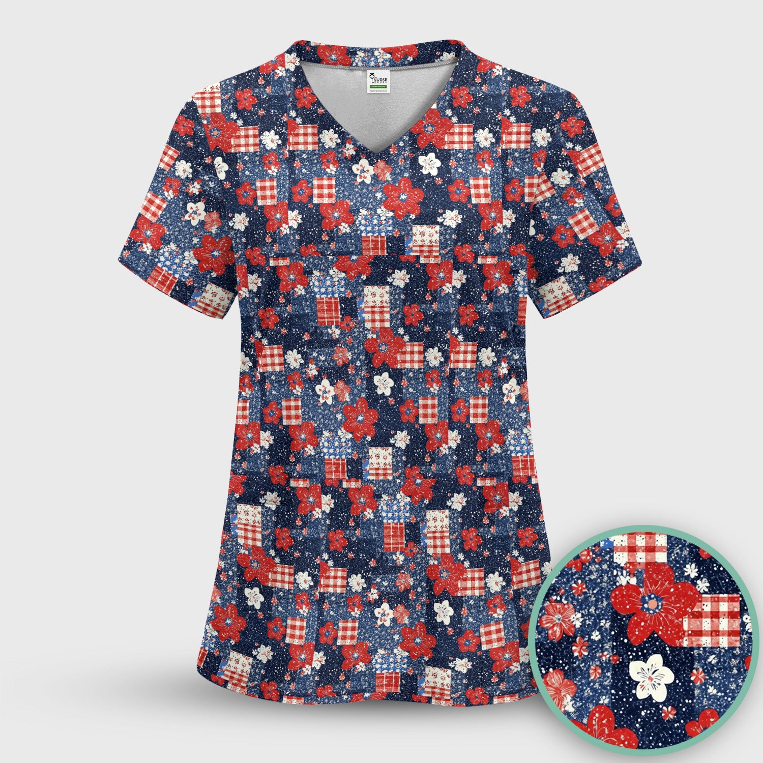 Patriotic Gingham Floral Patchwork Pattern Scrub Set, Scrub Pants and V Neck Top