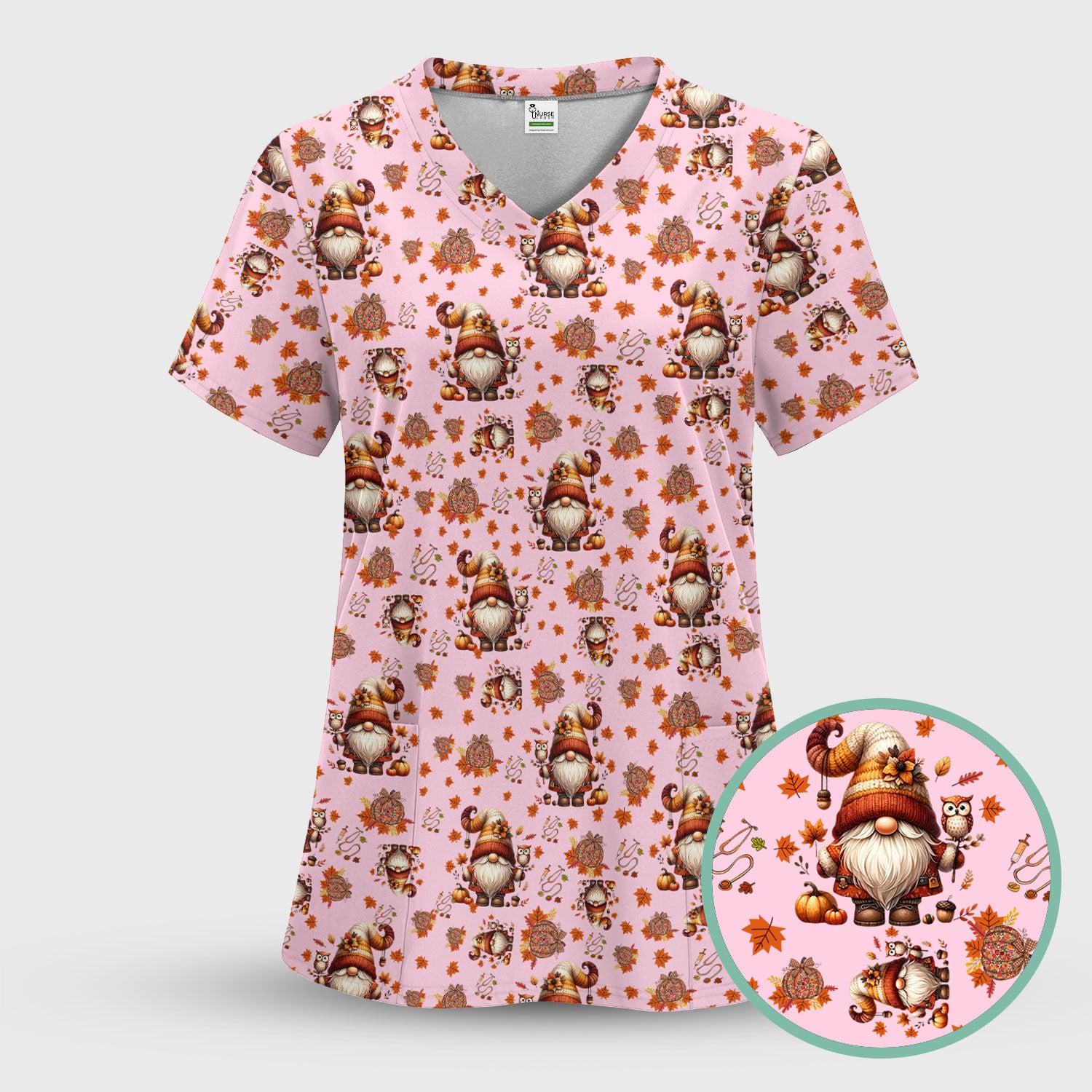 Fall Gnome Nurse Scrub Top for Women - Autumn Leaves Pumpkin Shirts - Thanksgiving Nursing Uniform Gift for RN LPN CNA