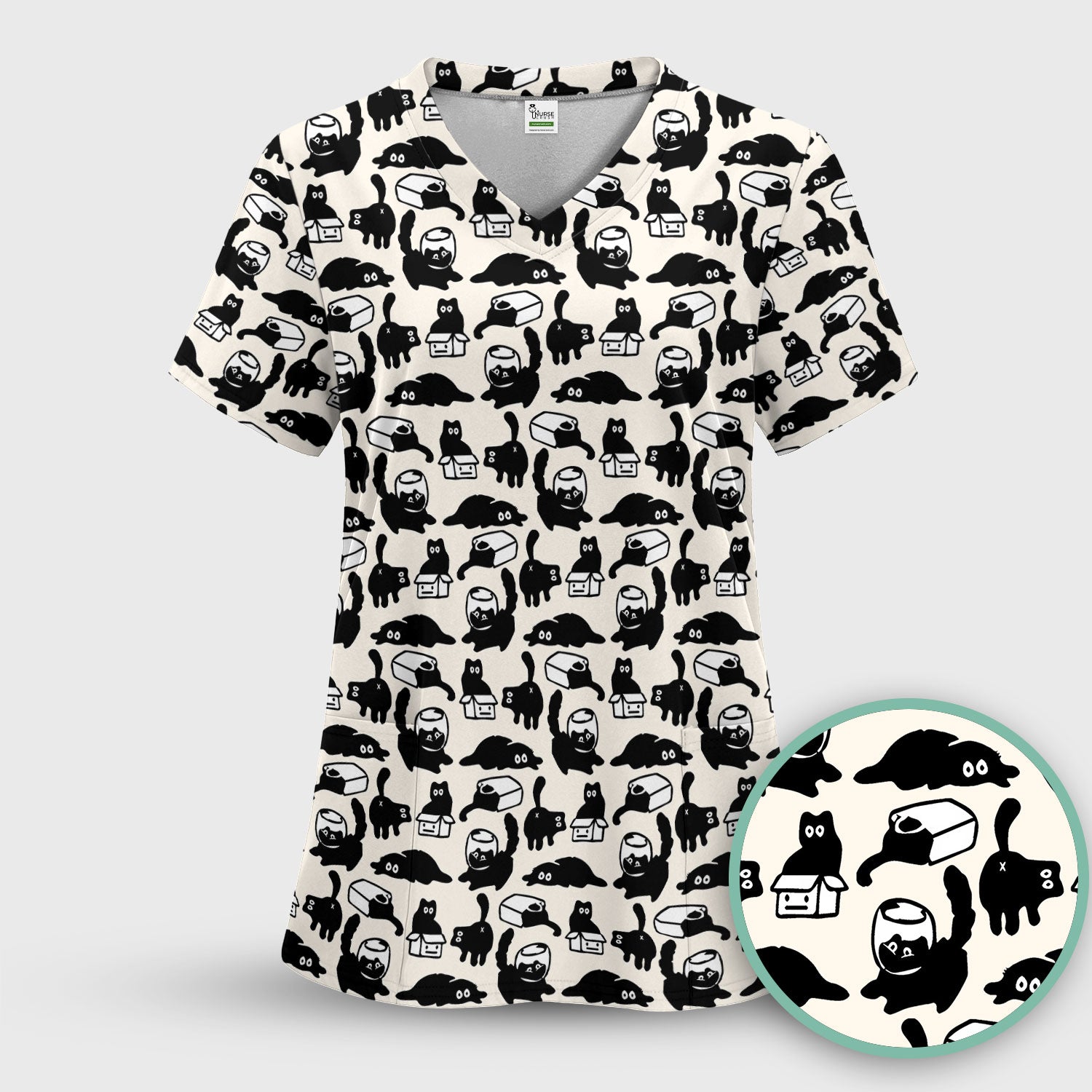 Dark Playful Cat Cartoon Pattern Scrub Top, Comfortable Scrubs for Nurses