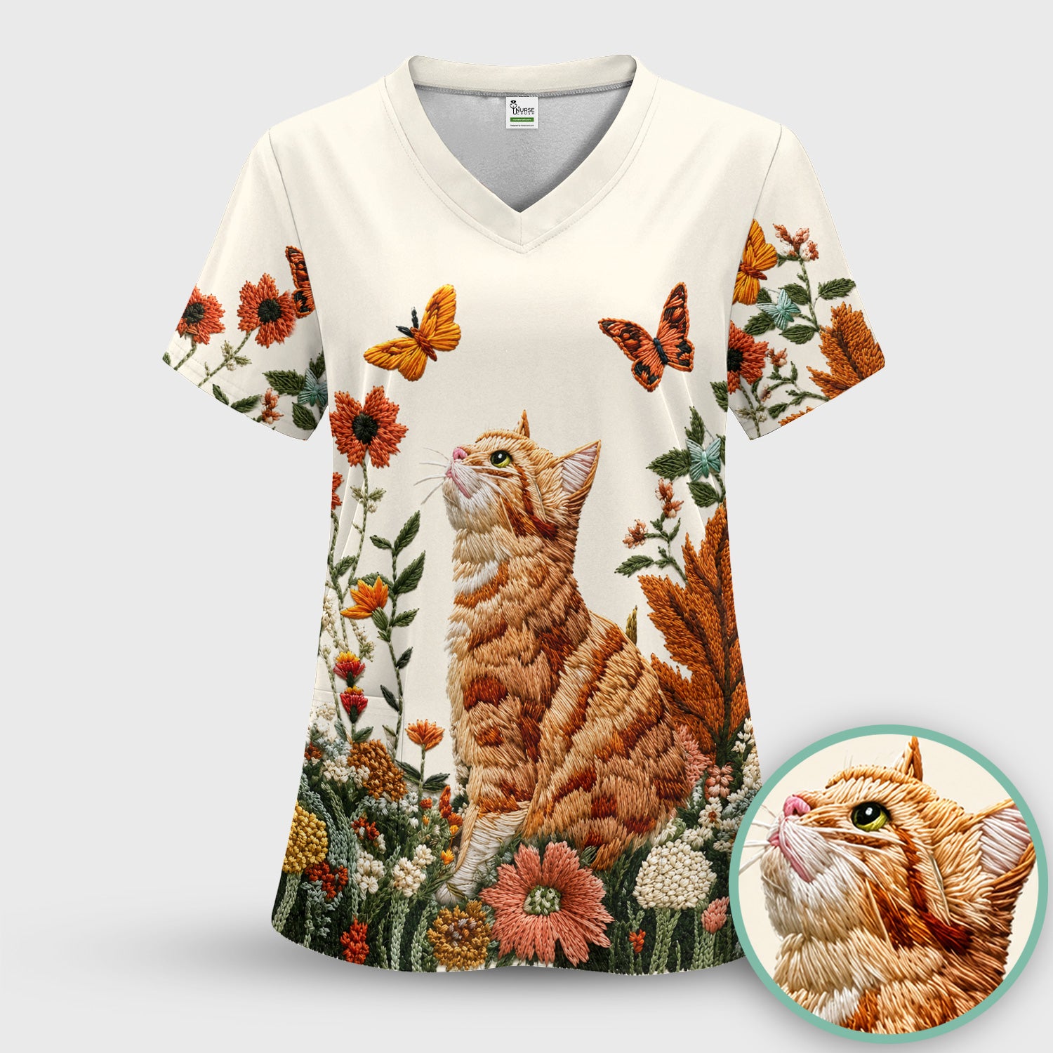 Embroidered Orange Cat Wildflower Pattern Scrub Top, Comfortable Scrubs for Nurses
