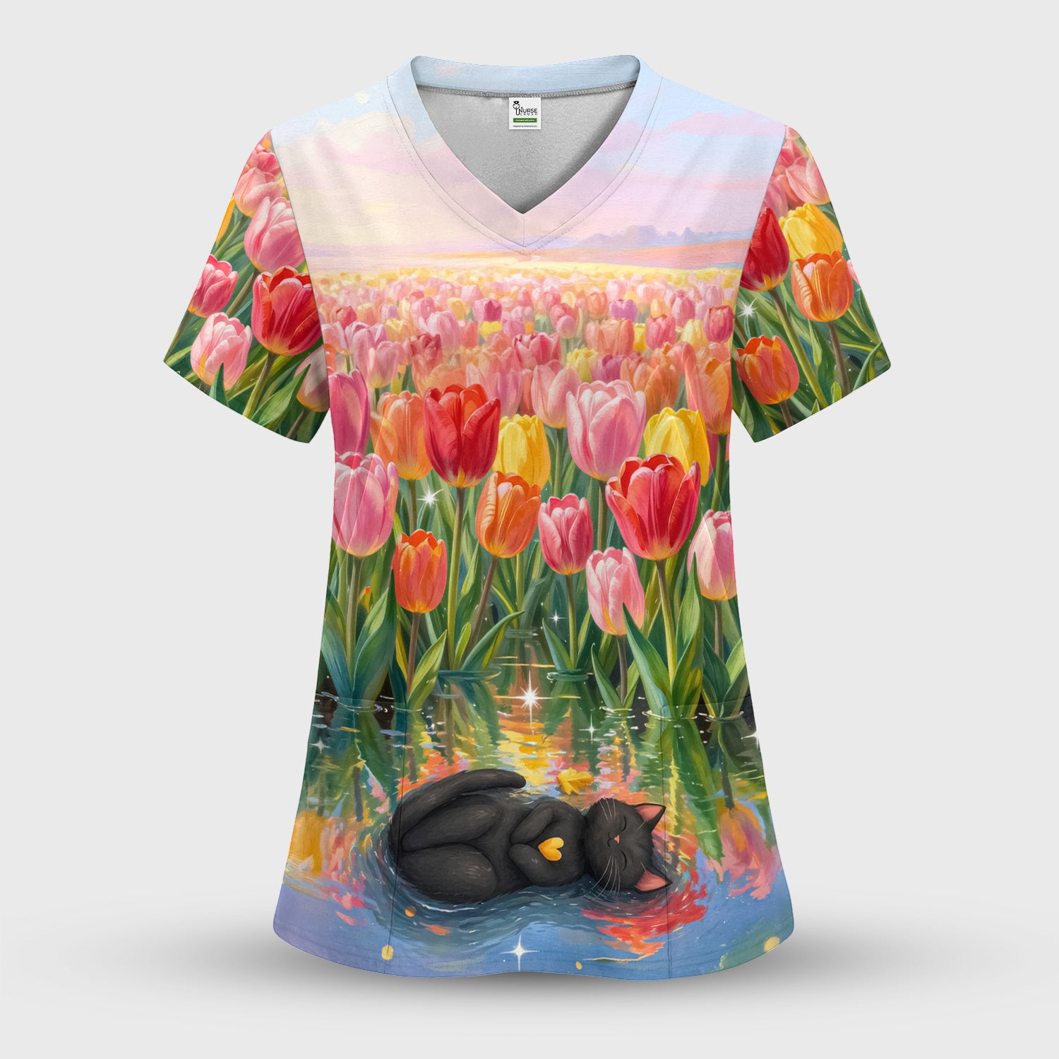 Sleeping Black Cat In Tulip Flower Field Scrub Set, Scrub Pants and V Neck Top