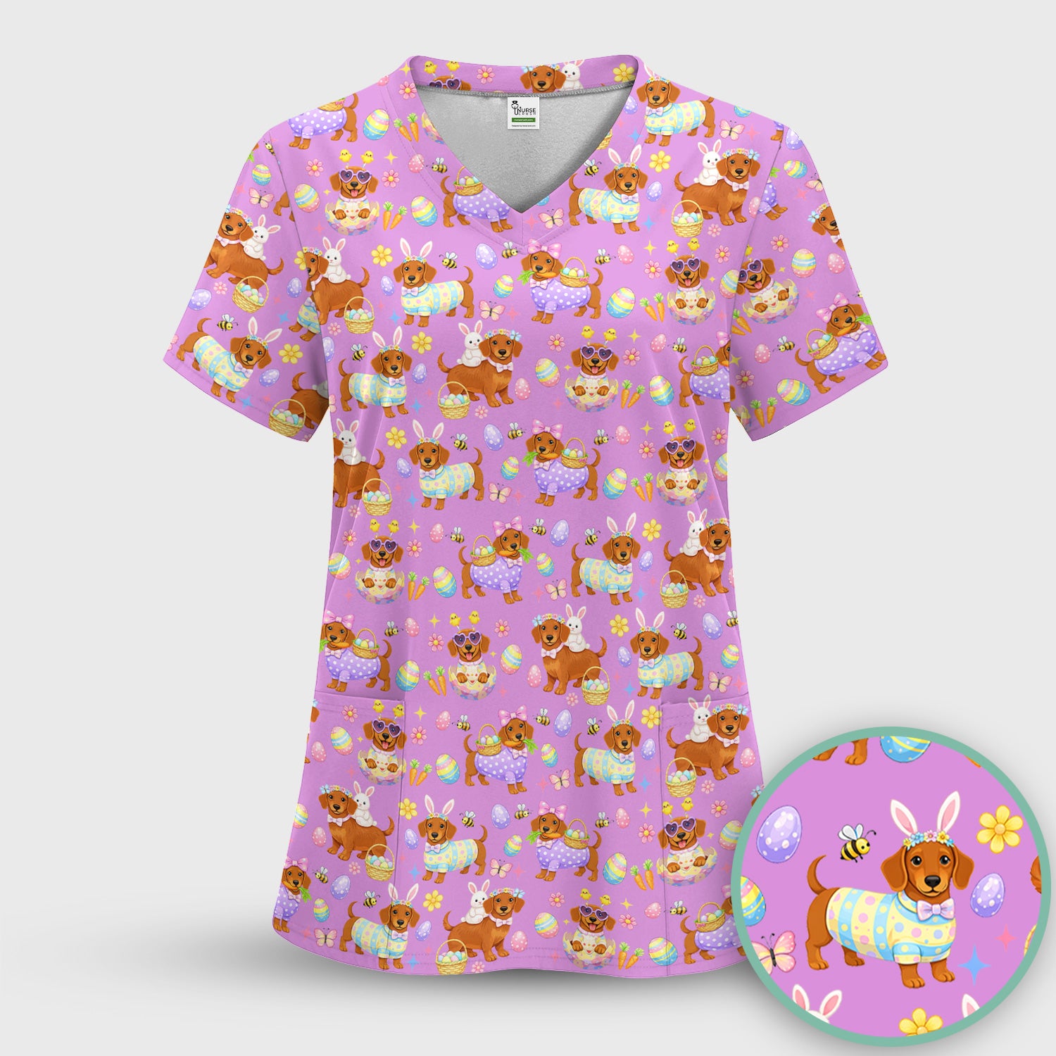 Cute Easter Dachshund Dog Pattern Scrub Top, Breathable Healthcare Uniform Top