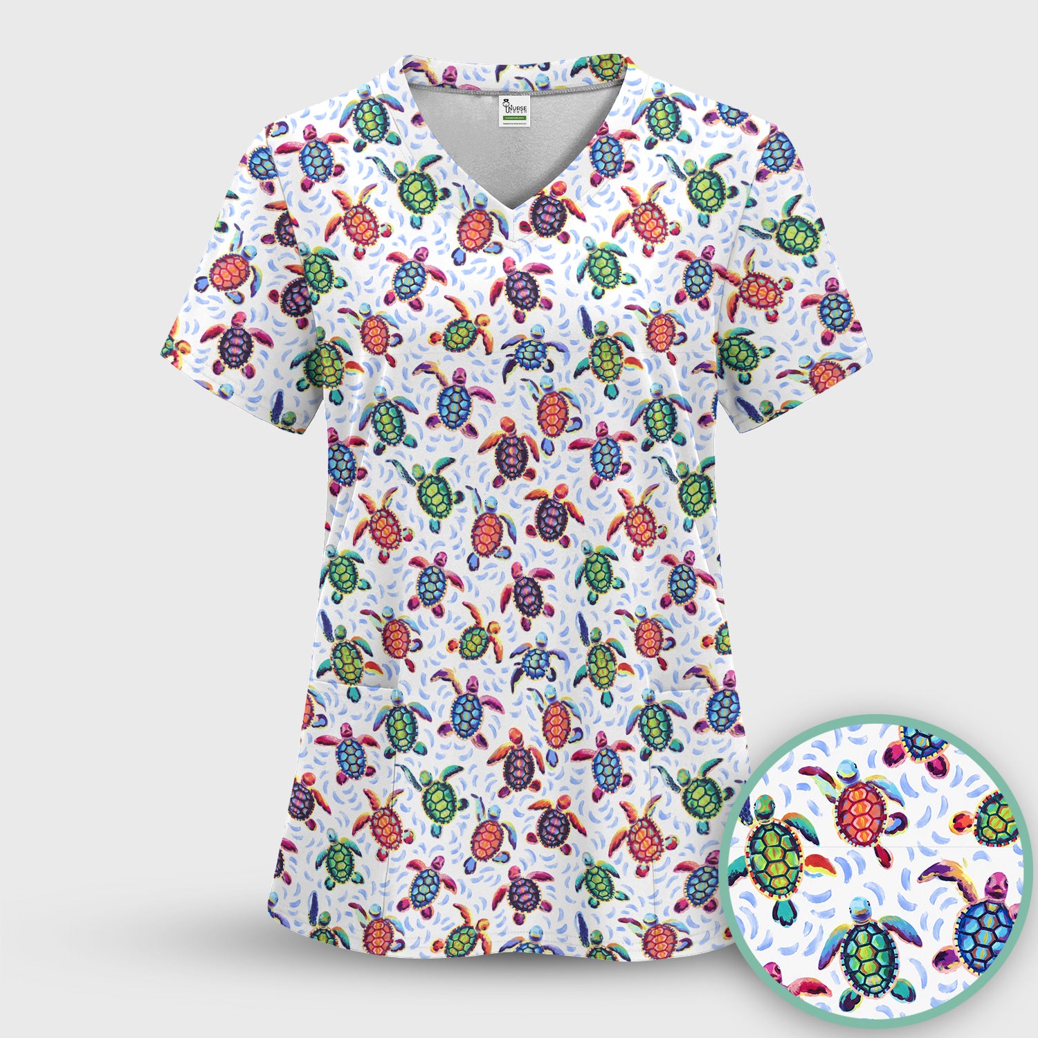 Colorful Sea Turtle Wave Pattern Scrub Top, Comfortable Scrubs for Nurses