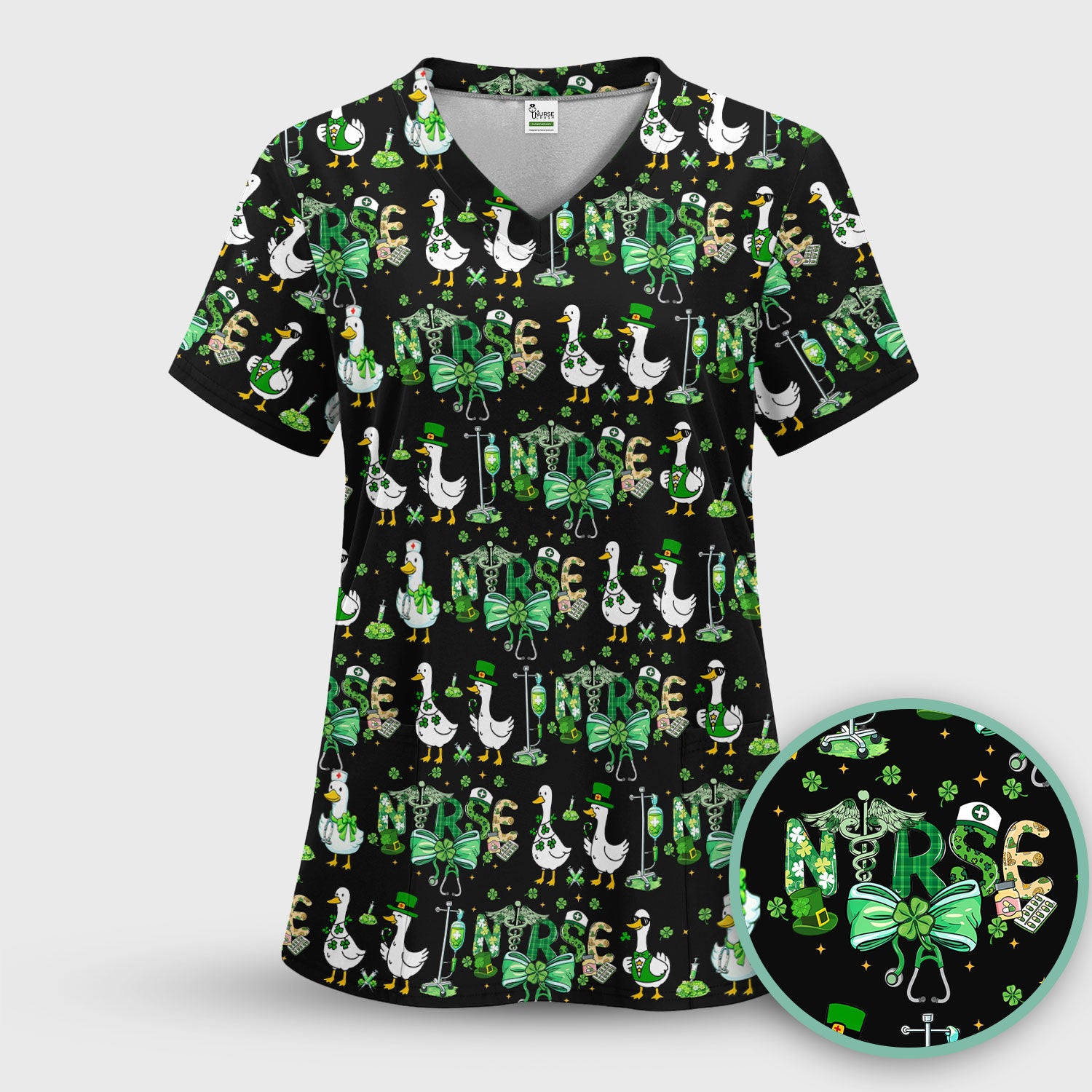 Funny Goose Nurse Shamrock Scrub Set, St. Patrick’s Day Nurse Pattern Shirt, Breathable Fabrics Nursing Uniform