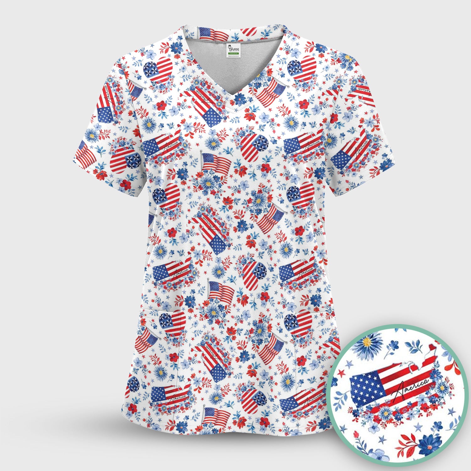 Festive American Flag Heart Floral Pattern Scrub Top, Comfortable Scrubs for Nurses