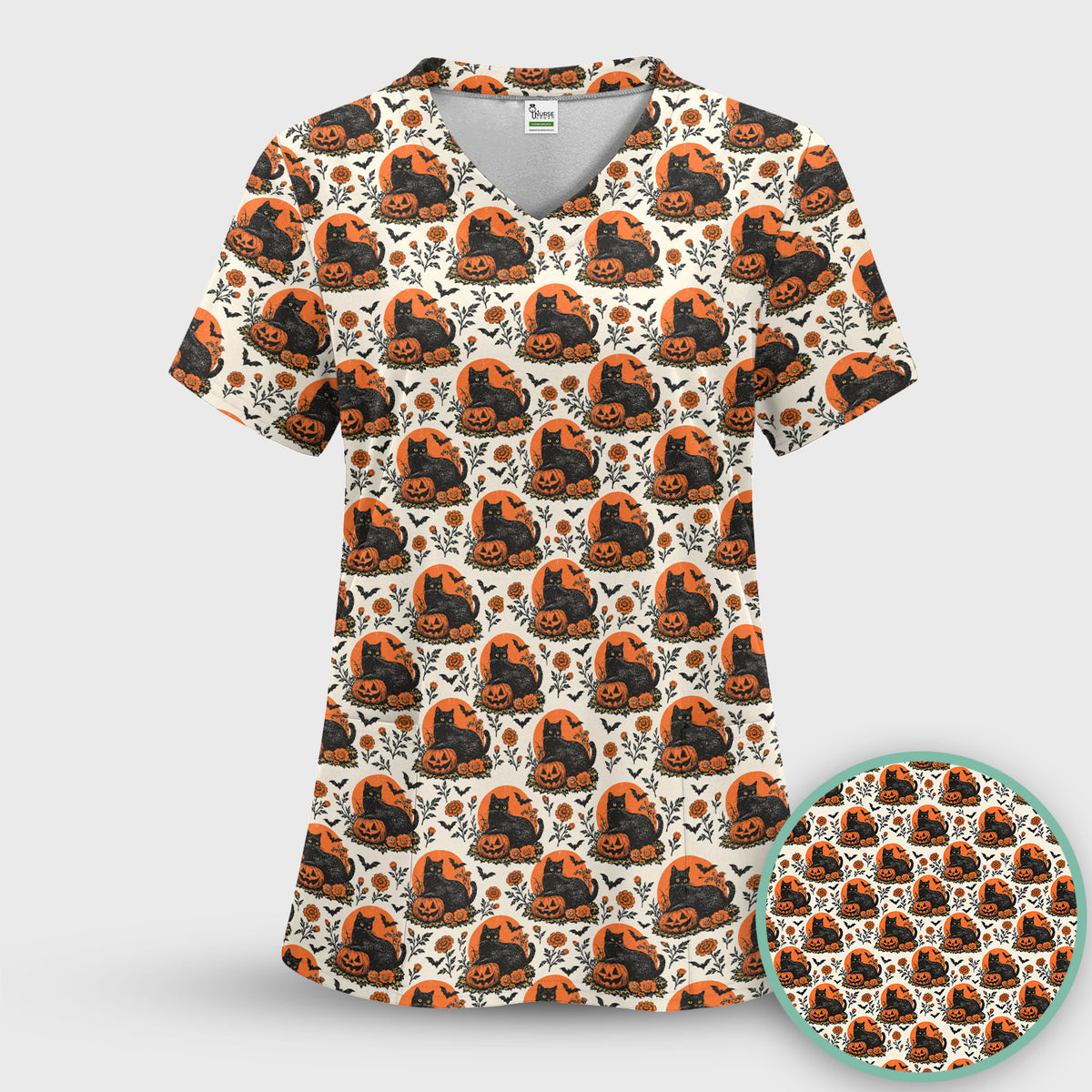 Halloween Black Cat Energy Pattern Scrub Top, Comfortable Scrubs for Nurses