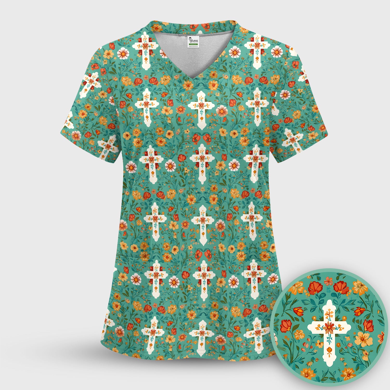 Christian Faith Floral Cross Pattern Scrub Top, Comfortable Scrubs for Nurses