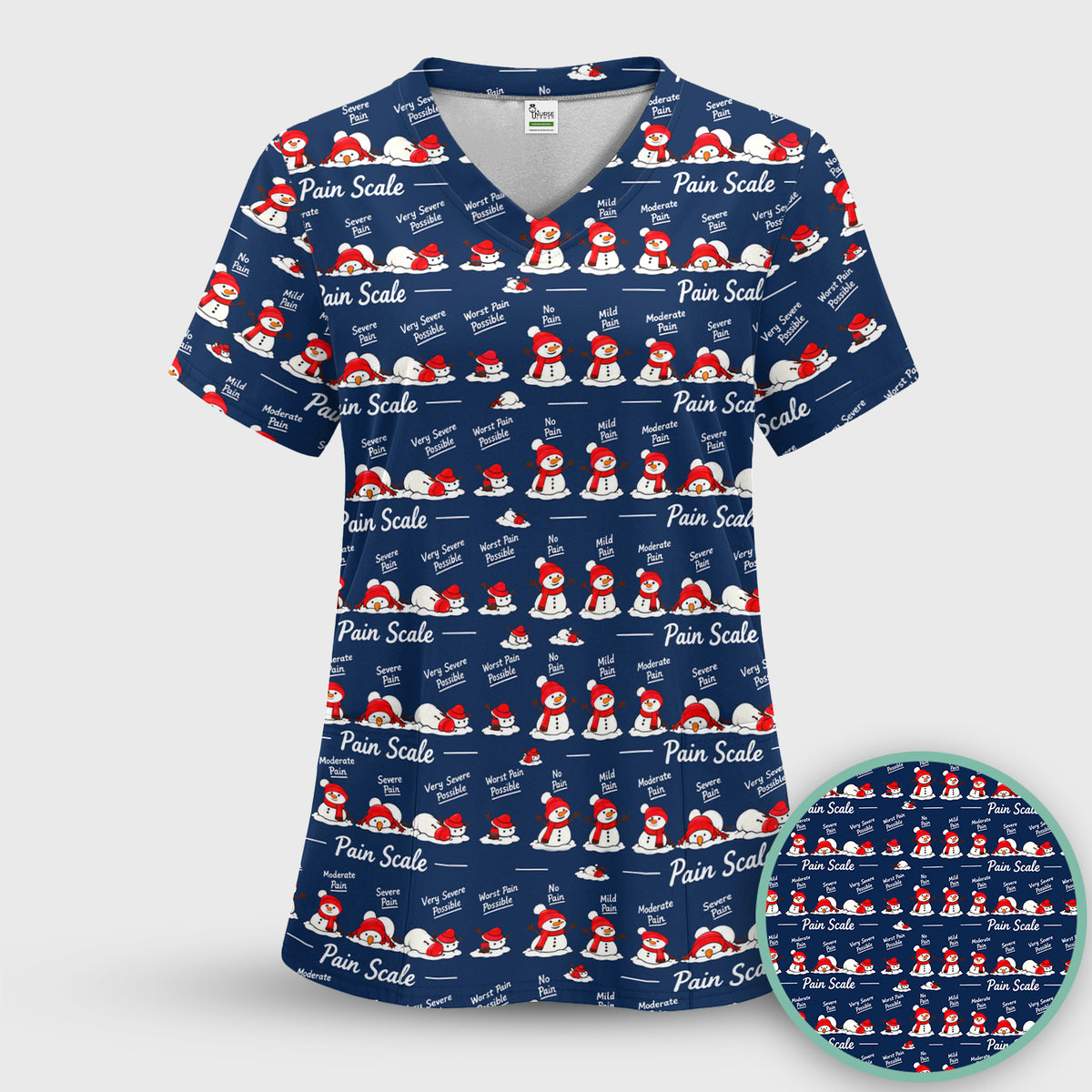 Funny Christmas Snowman Pain Scale Scrub Set, Scrub Pants and V Neck Top
