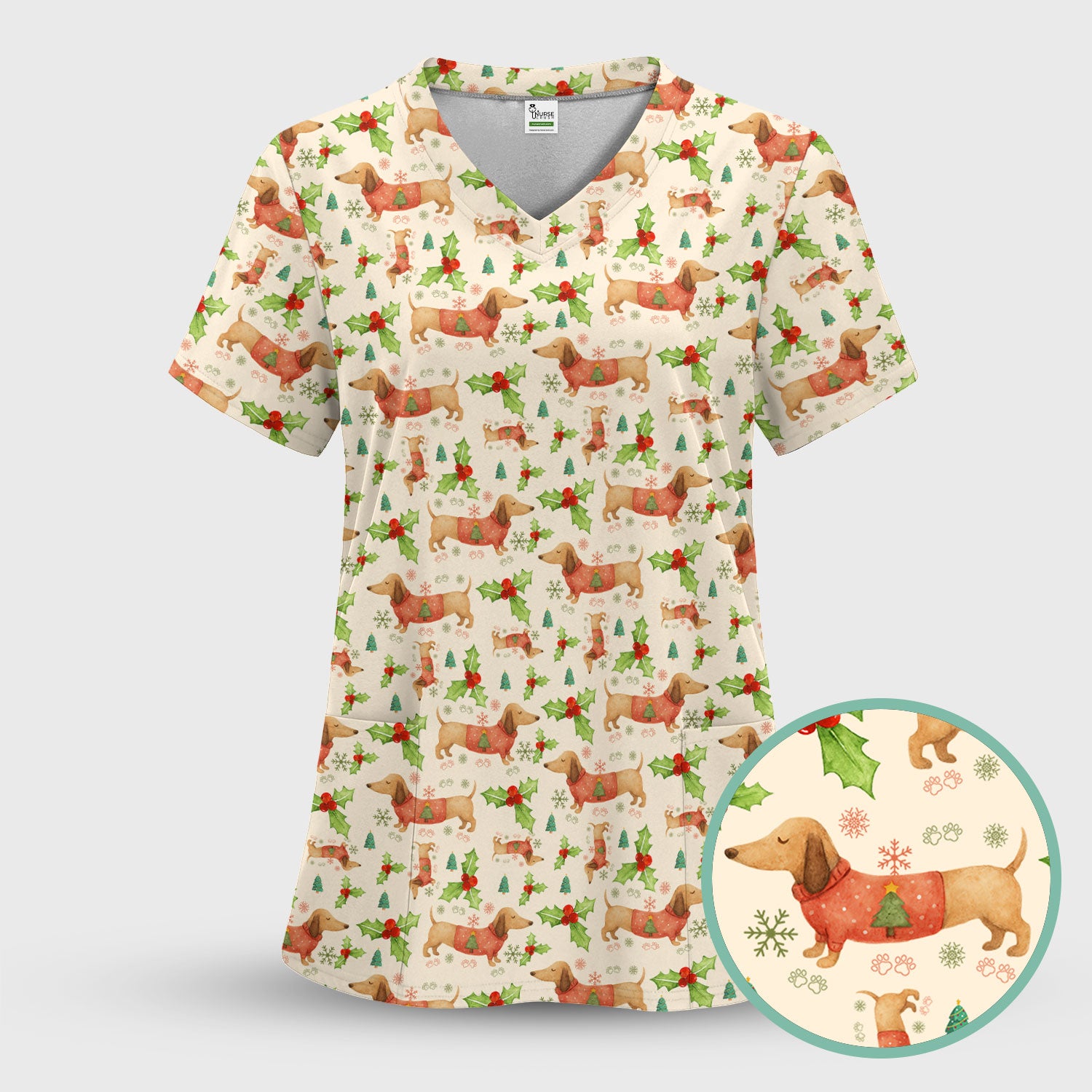Festive Dachshund Scrub Top - Cute Sausage Dog Christmas Medical Uniform - Wiener Puppy Lover Gift