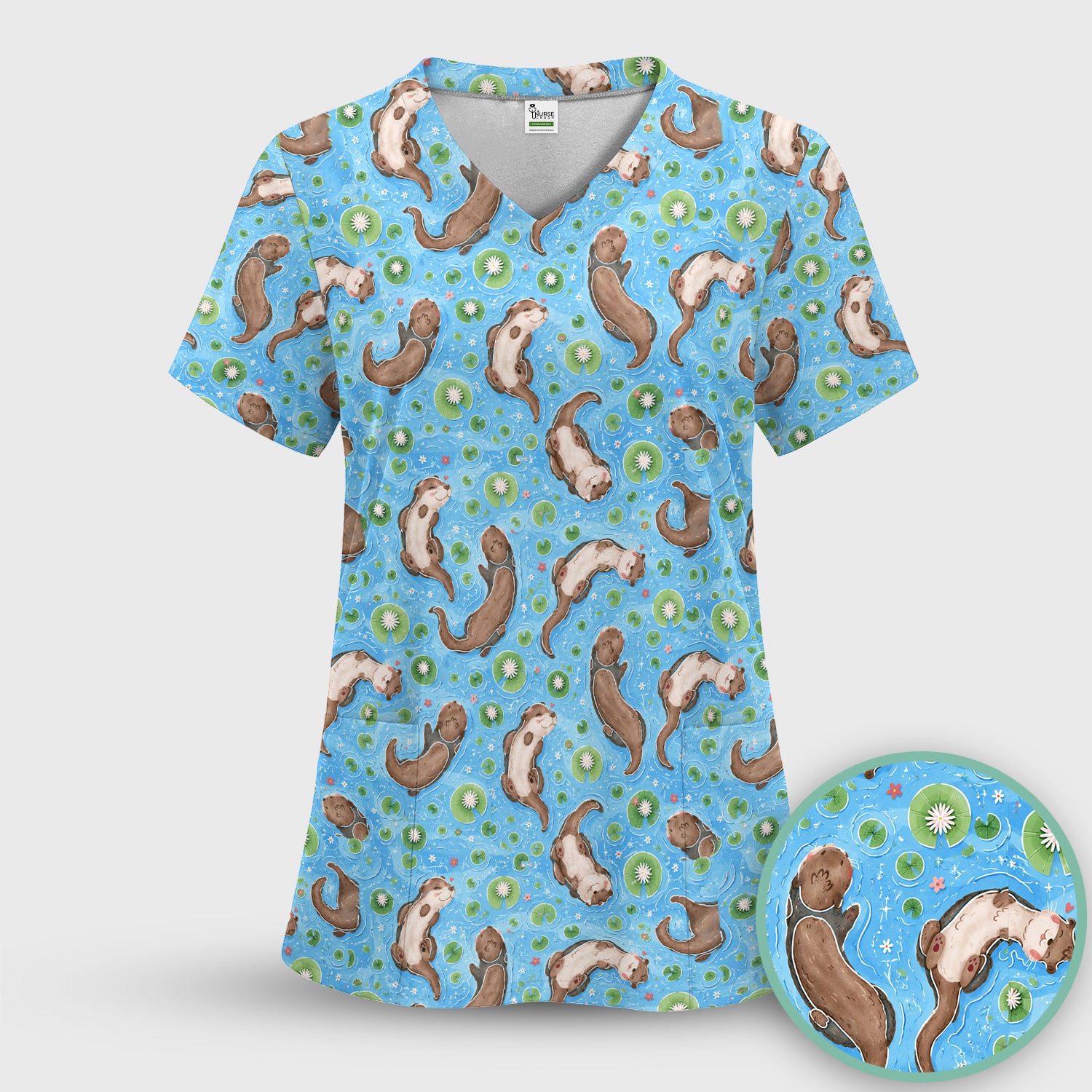 Cute Otter Lily Pond Nurse Print Scrub Top, Comfortable Scrubs for Nurses