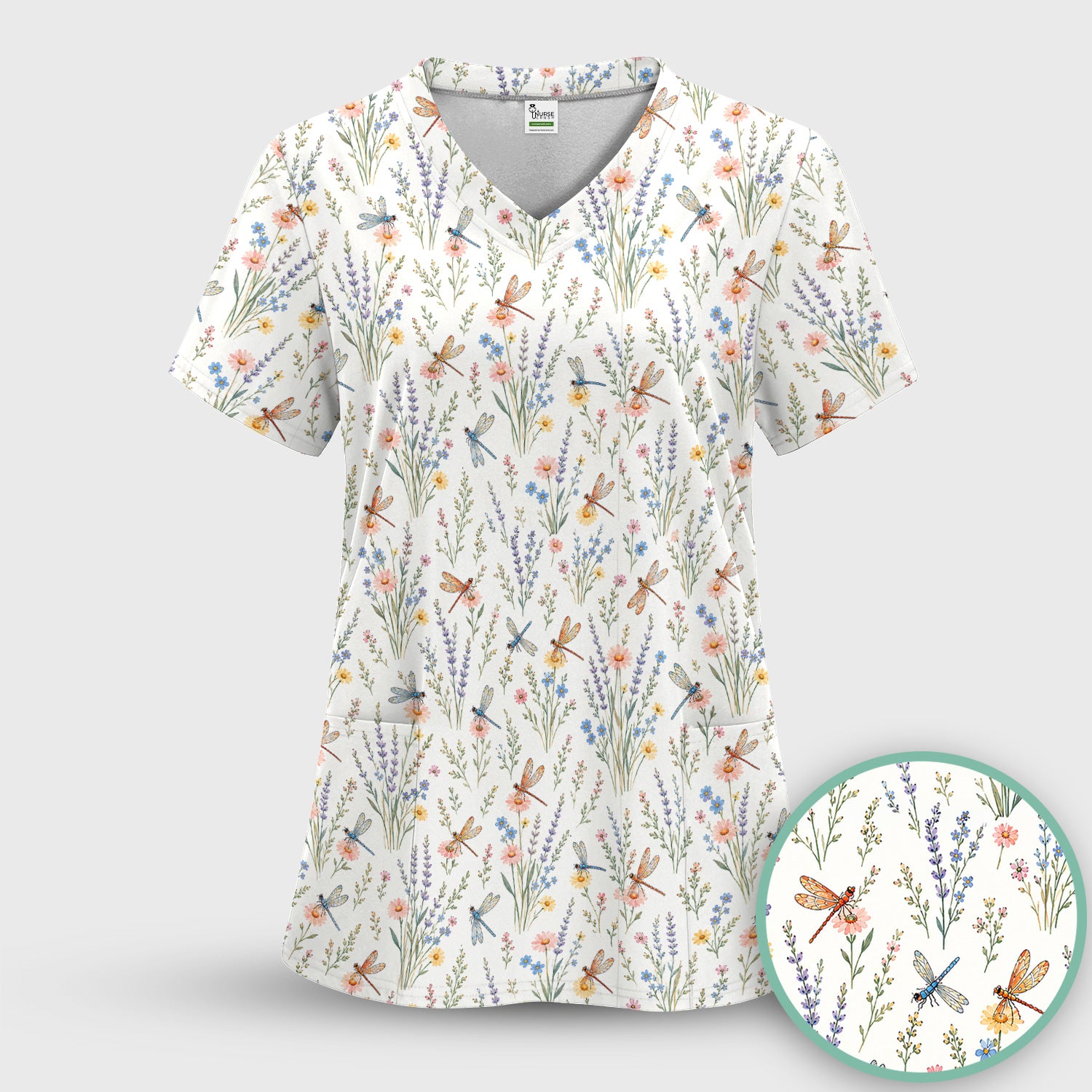 Dragonfly Wildflower Meadow Pattern Scrub Top, Comfortable Scrubs for Nurses