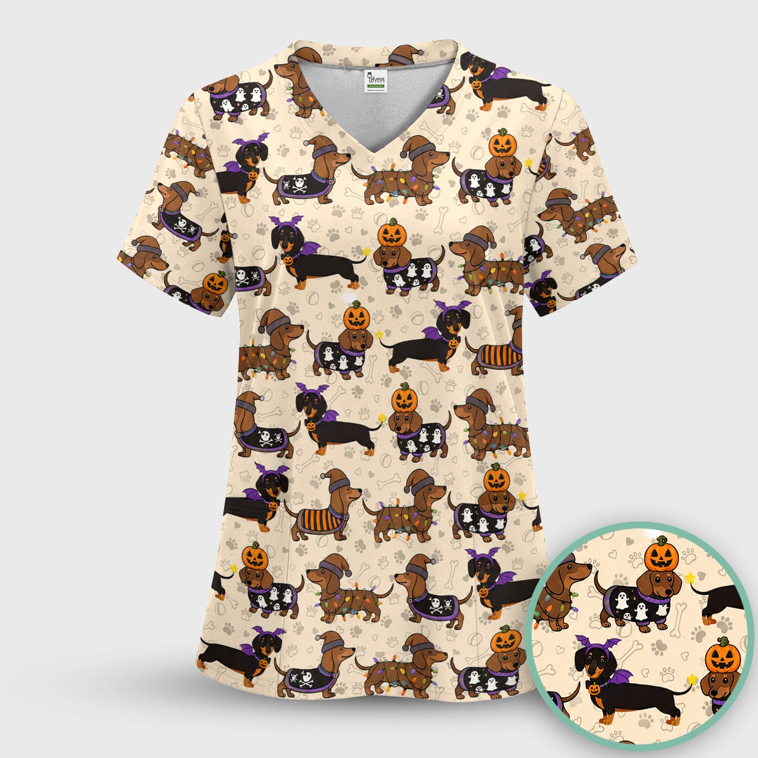 Halloween Dachshund with Pumpkin Ghost Print Scrub Top, Comfortable Scrubs for Nurses