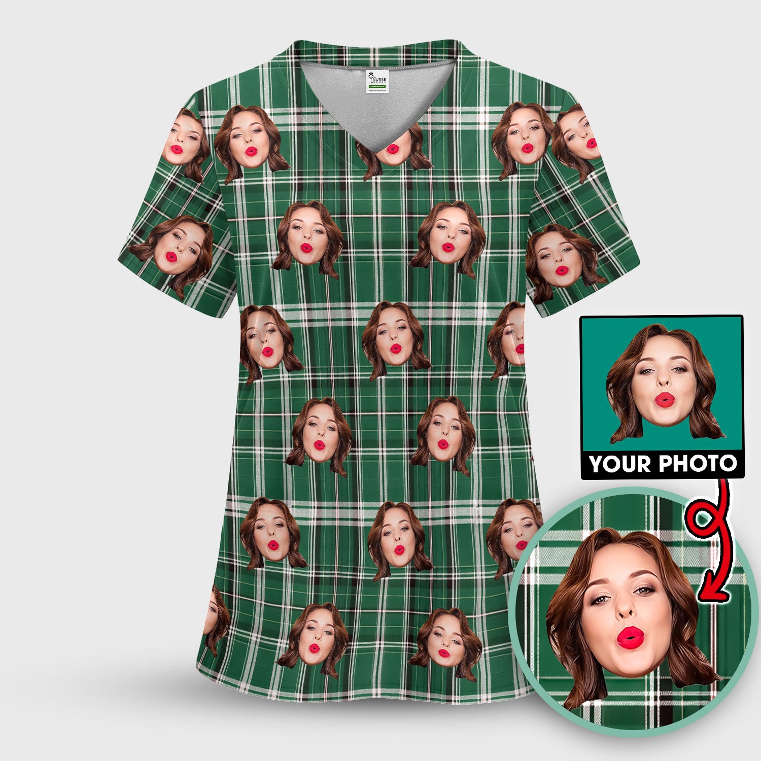 Personalized Funny Face Plaid Scrub Top, Custom Photo Pattern Medical Shirt, Breathable Fabrics Nursing Uniform